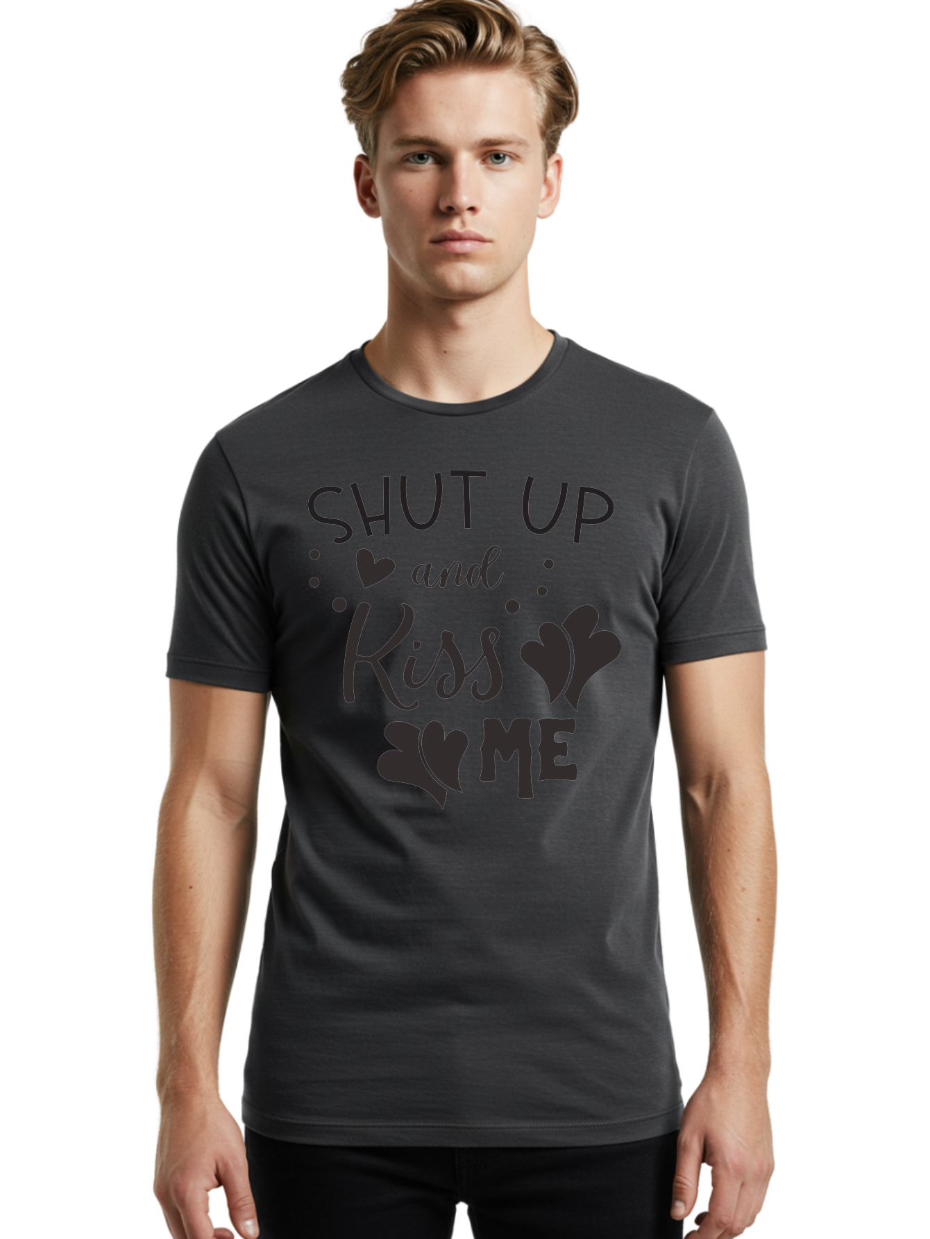 Shut-Up-And-Kiss-Me Men'S Graphic Tee, 100% Cotton, Comfortable Casual Summer Wear, Machine Washable, Love Quotes, Romantic Phrases, Kiss Me, Shut Up, Heart Shapes, Valentines Day, Love Messages, Couple Goals, Sweet Nothings Aad160 22