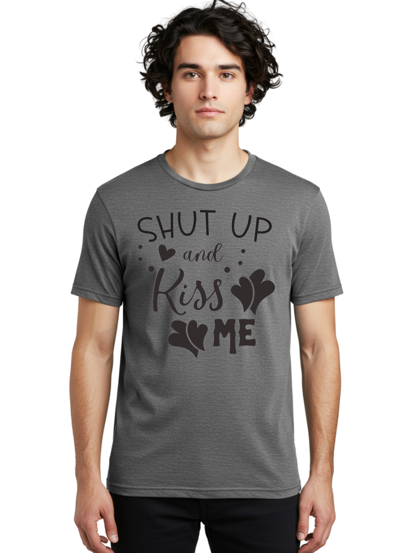 Shut-Up-And-Kiss-Me Men'S Graphic Tee, 100% Cotton, Comfortable Casual Summer Wear, Machine Washable, Love Quotes, Romantic Phrases, Kiss Me, Shut Up, Heart Shapes, Valentines Day, Love Messages, Couple Goals, Sweet Nothings Aad160 10