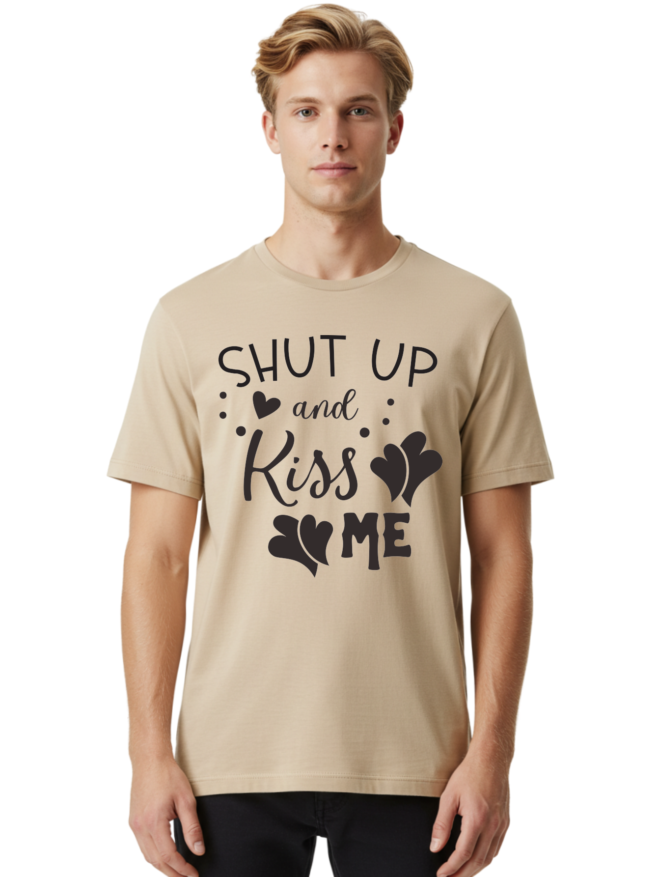Shut-Up-And-Kiss-Me Men'S Graphic Tee, 100% Cotton, Comfortable Casual Summer Wear, Machine Washable, Love Quotes, Romantic Phrases, Kiss Me, Shut Up, Heart Shapes, Valentines Day, Love Messages, Couple Goals, Sweet Nothings Aad160 6