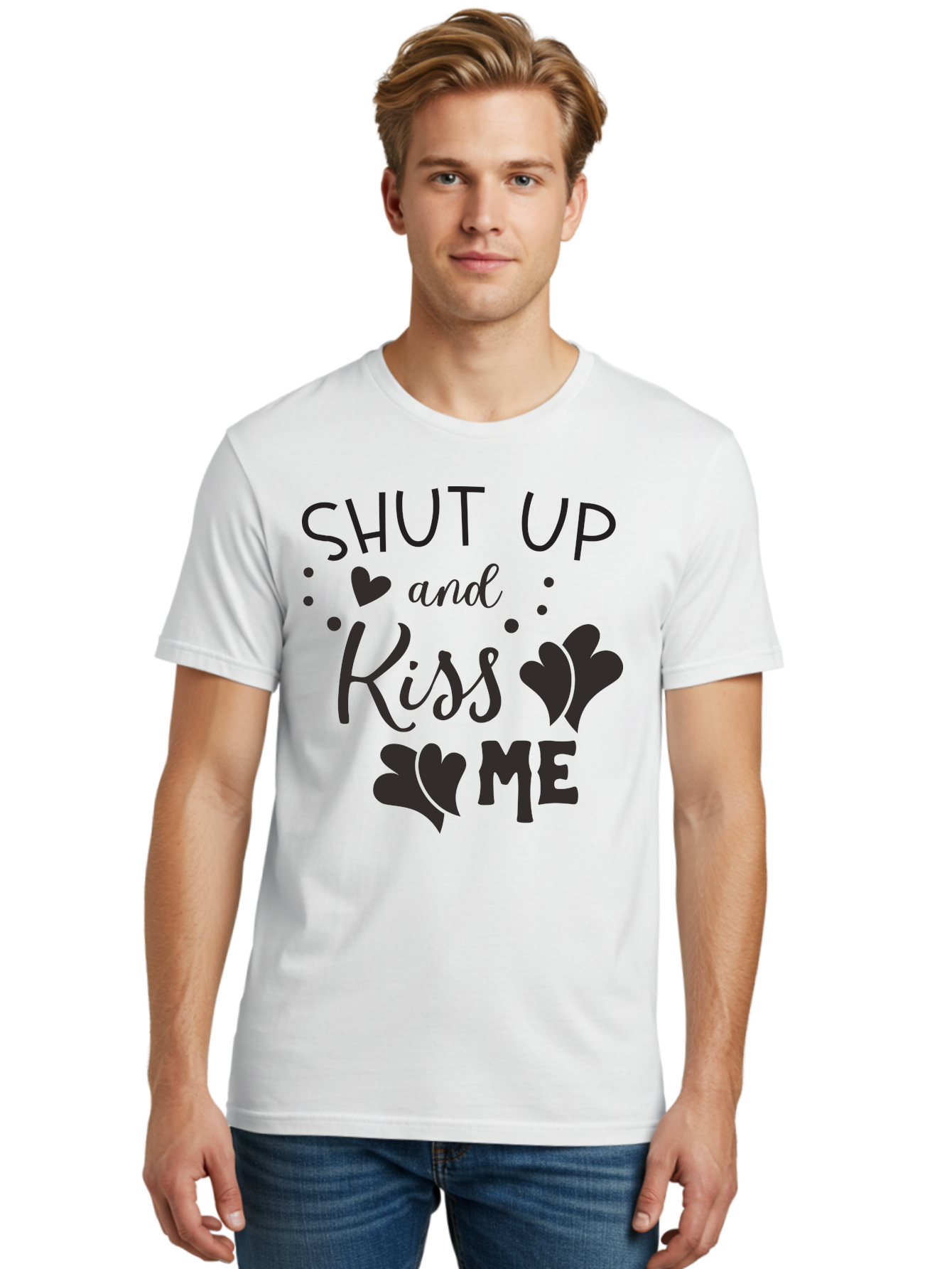 Shut-Up-And-Kiss-Me Men'S Graphic Tee, 100% Cotton, Comfortable Casual Summer Wear, Machine Washable, Love Quotes, Romantic Phrases, Kiss Me, Shut Up, Heart Shapes, Valentines Day, Love Messages, Couple Goals, Sweet Nothings Aad160 14