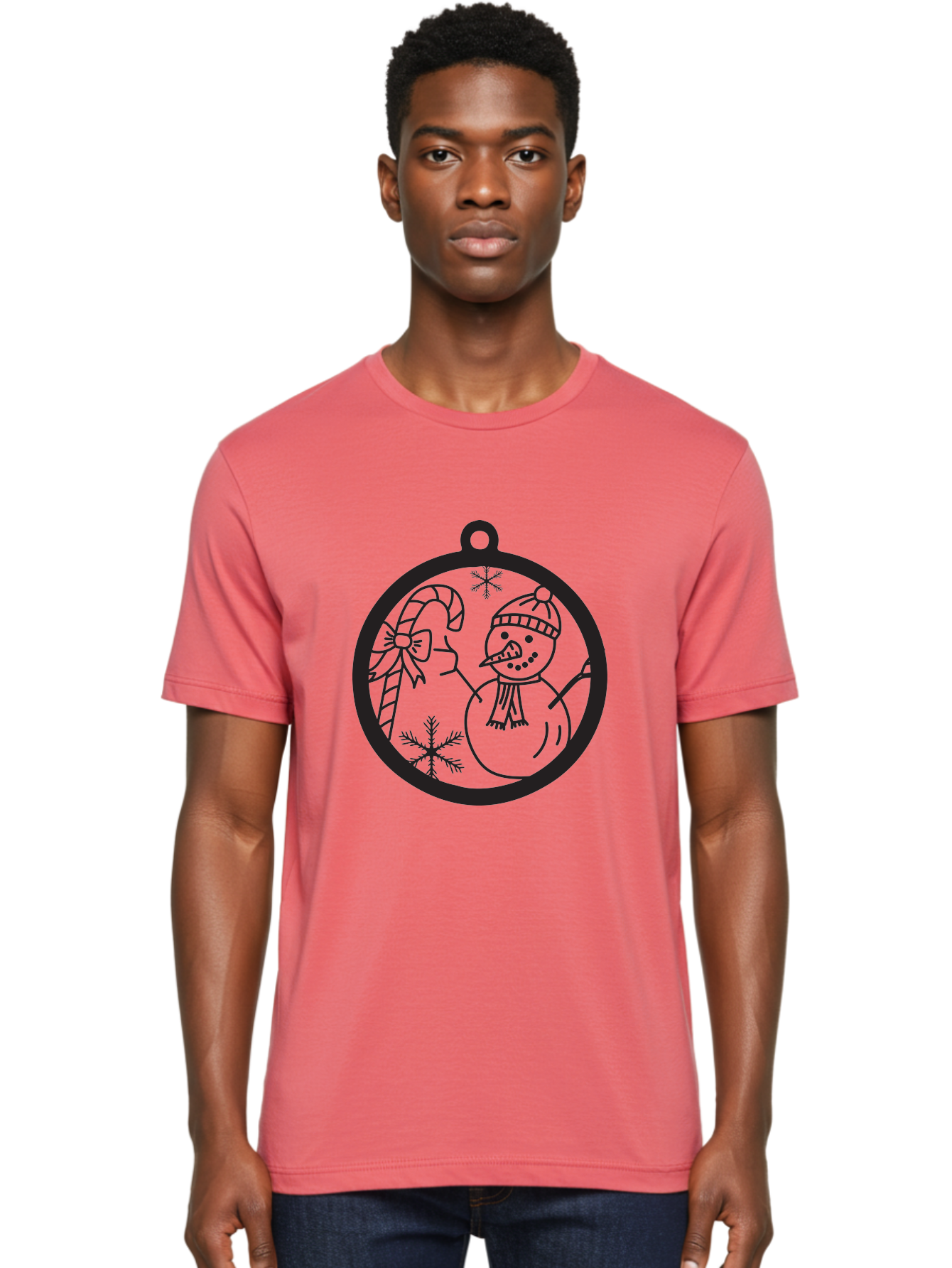 Snowman-Ornament Men'S Graphic Tee, 100% Cotton, Comfortable Casual Summer Wear, Machine Washable, Snowman Holding Candy Cane, Snowman Ornament, Christmas Decoration, Winter Wonderland, Festive Design, Holiday Cheer, Snowflakes Aad180 12