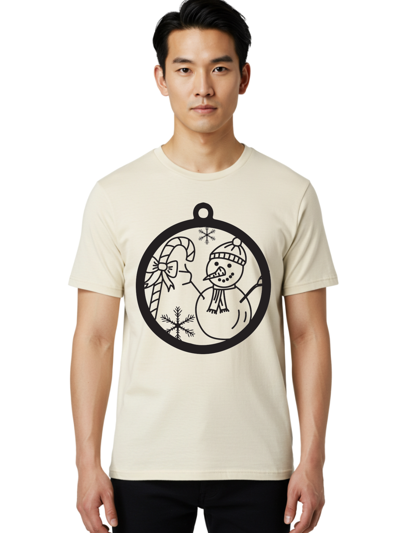 Snowman-Ornament Men'S Graphic Tee, 100% Cotton, Comfortable Casual Summer Wear, Machine Washable, Snowman Holding Candy Cane, Snowman Ornament, Christmas Decoration, Winter Wonderland, Festive Design, Holiday Cheer, Snowflakes Aad180 24