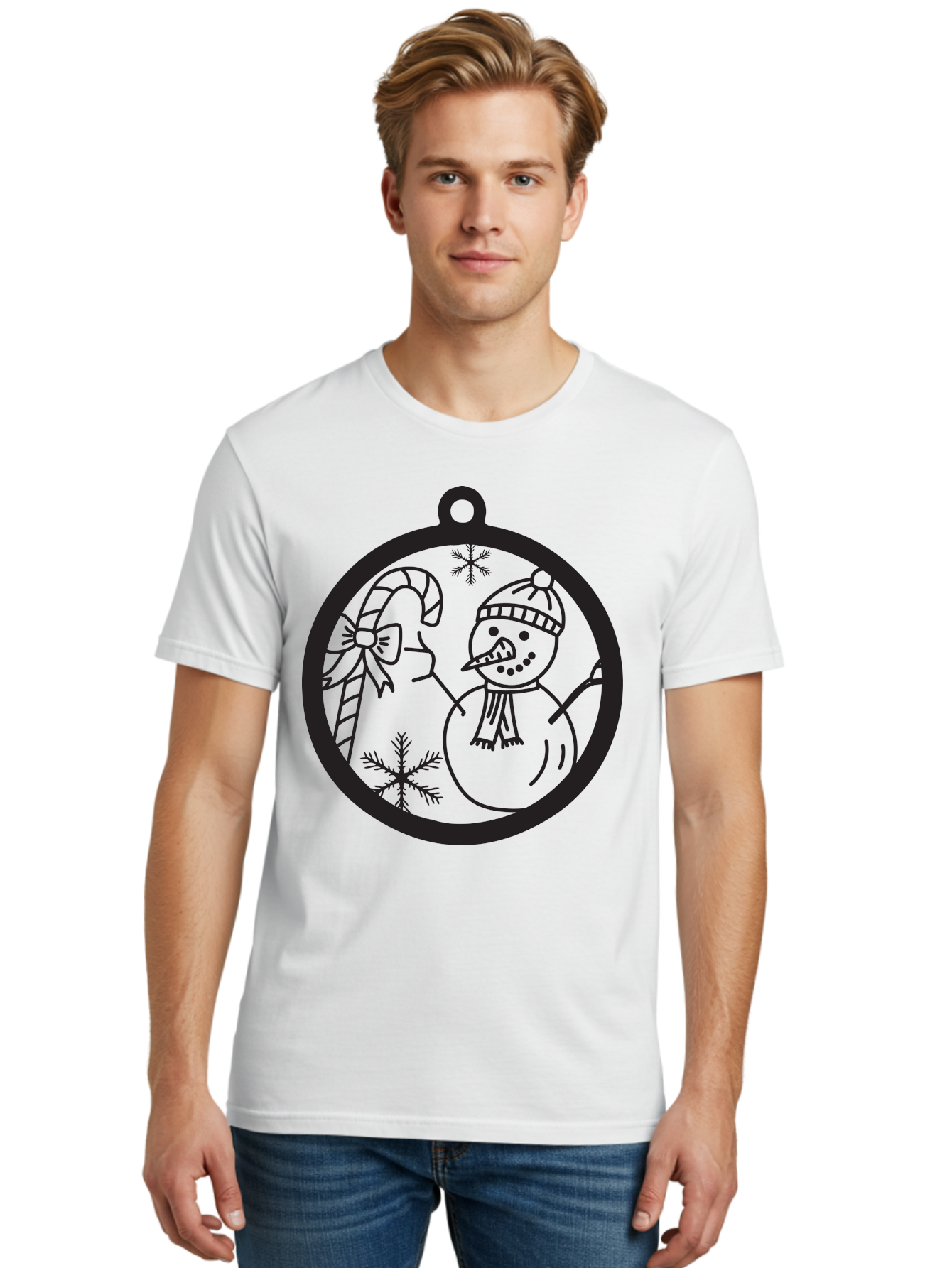 Snowman-Ornament Men'S Graphic Tee, 100% Cotton, Comfortable Casual Summer Wear, Machine Washable, Snowman Holding Candy Cane, Snowman Ornament, Christmas Decoration, Winter Wonderland, Festive Design, Holiday Cheer, Snowflakes Aad180 6