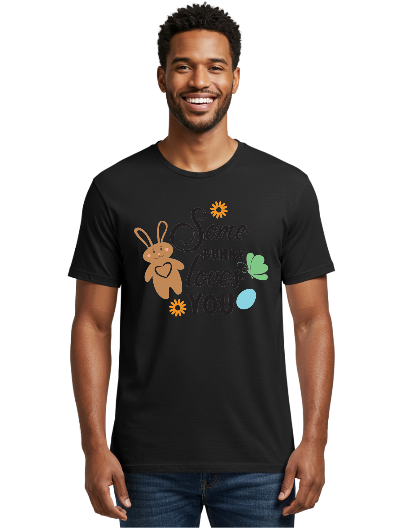 Some-Bunny-Loves-You Men'S Graphic Tee, 100% Cotton, Comfortable Casual Summer Wear, Machine Washable, Easter Bunny, Love Message, Cute Cartoons, Hearts, Spring Theme, Easter Eggs, Festive Designs, Adorable Bunnies, Spring Decorations Aad186 30