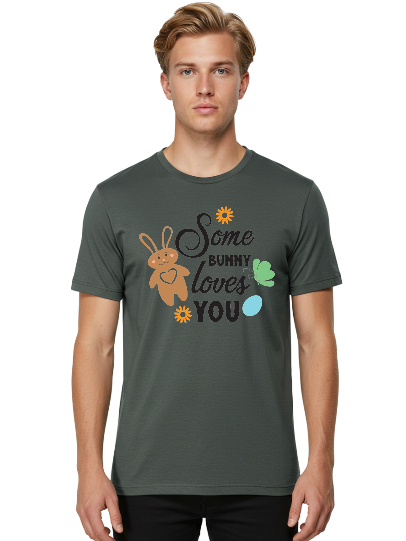 Some-Bunny-Loves-You Men'S Graphic Tee, 100% Cotton, Comfortable Casual Summer Wear, Machine Washable, Easter Bunny, Love Message, Cute Cartoons, Hearts, Spring Theme, Easter Eggs, Festive Designs, Adorable Bunnies, Spring Decorations Aad186 14
