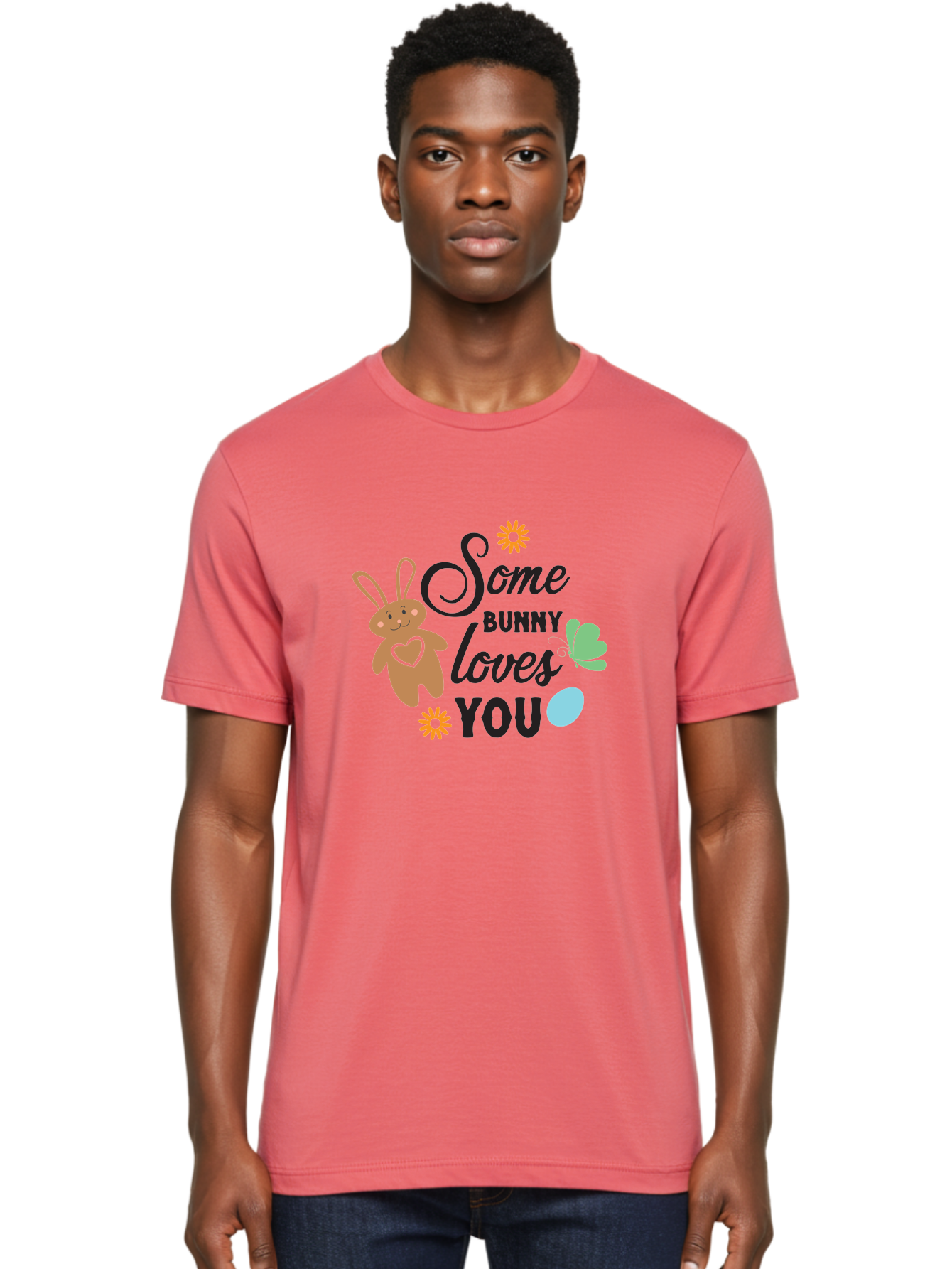 Some-Bunny-Loves-You Men'S Graphic Tee, 100% Cotton, Comfortable Casual Summer Wear, Machine Washable, Easter Bunny, Love Message, Cute Cartoons, Hearts, Spring Theme, Easter Eggs, Festive Designs, Adorable Bunnies, Spring Decorations Aad186 10