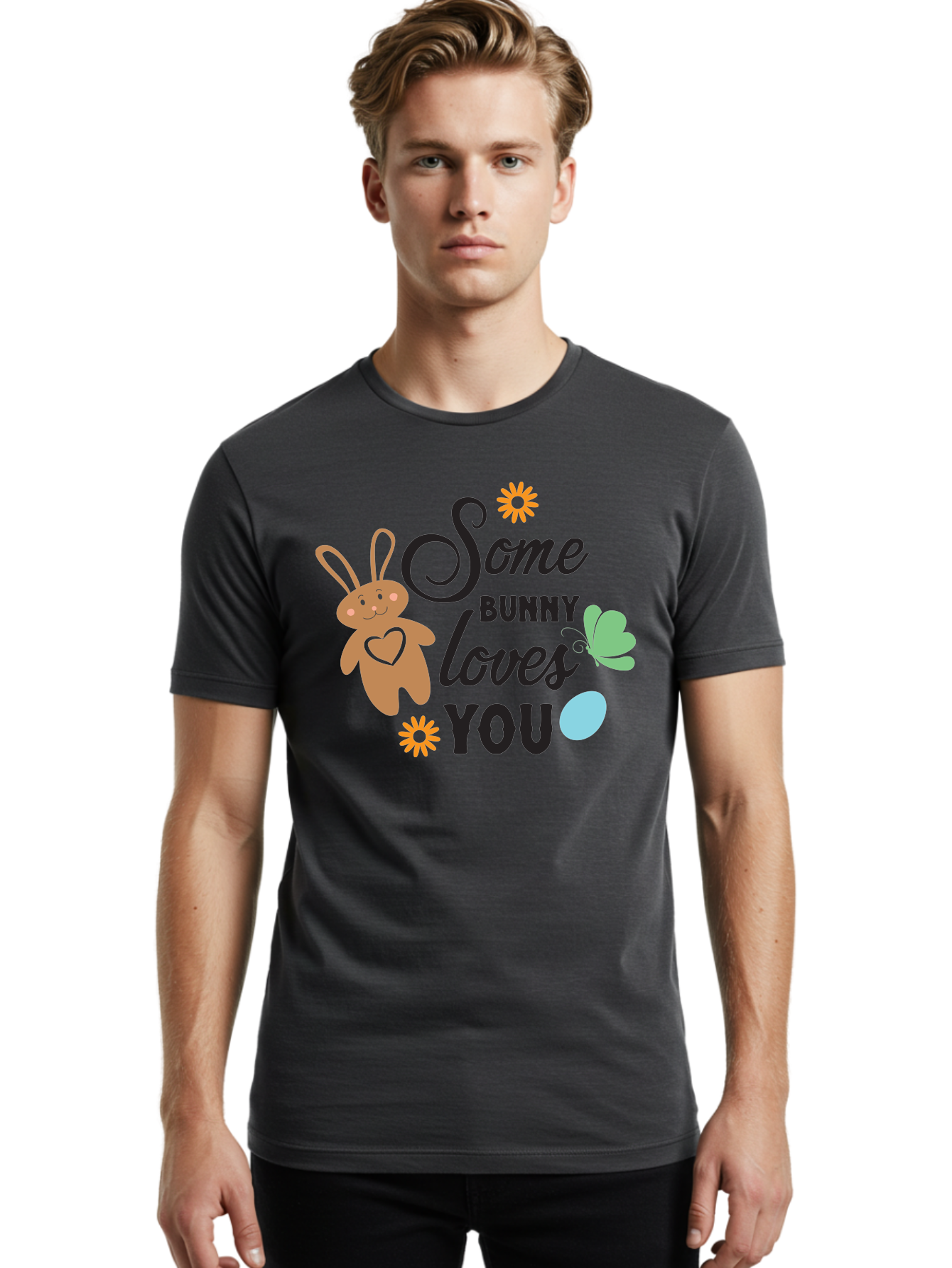 Some-Bunny-Loves-You Men'S Graphic Tee, 100% Cotton, Comfortable Casual Summer Wear, Machine Washable, Easter Bunny, Love Message, Cute Cartoons, Hearts, Spring Theme, Easter Eggs, Festive Designs, Adorable Bunnies, Spring Decorations Aad186 20