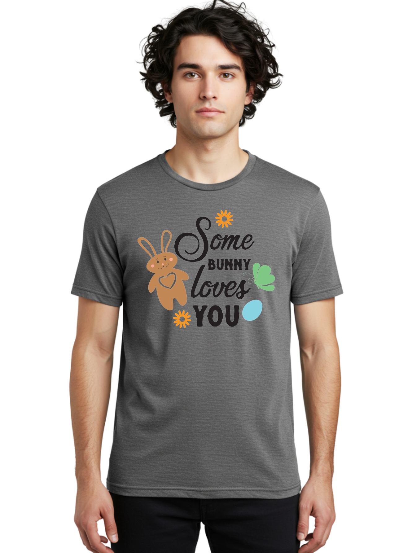 Some-Bunny-Loves-You Men'S Graphic Tee, 100% Cotton, Comfortable Casual Summer Wear, Machine Washable, Easter Bunny, Love Message, Cute Cartoons, Hearts, Spring Theme, Easter Eggs, Festive Designs, Adorable Bunnies, Spring Decorations Aad186 24