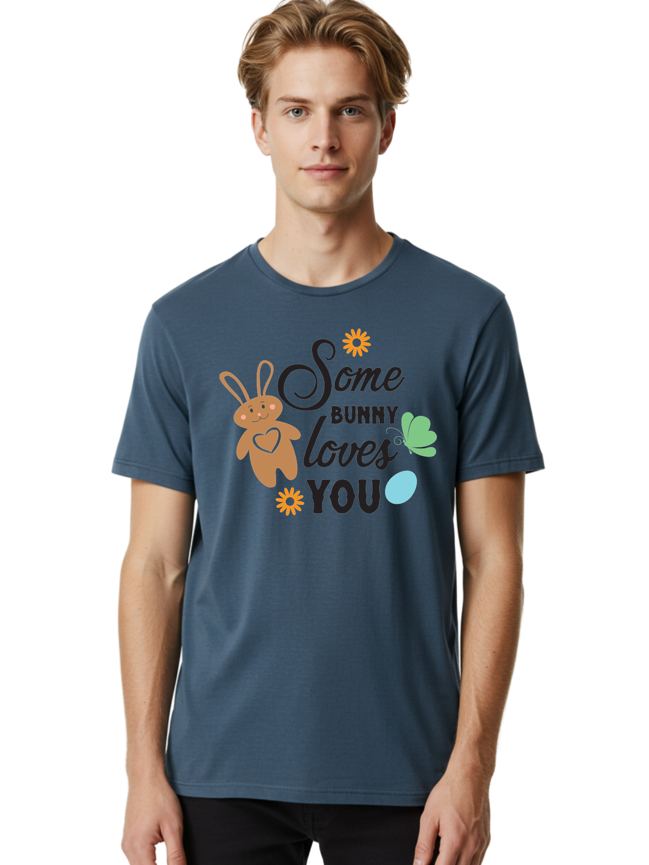 Some-Bunny-Loves-You Men'S Graphic Tee, 100% Cotton, Comfortable Casual Summer Wear, Machine Washable, Easter Bunny, Love Message, Cute Cartoons, Hearts, Spring Theme, Easter Eggs, Festive Designs, Adorable Bunnies, Spring Decorations Aad186 6