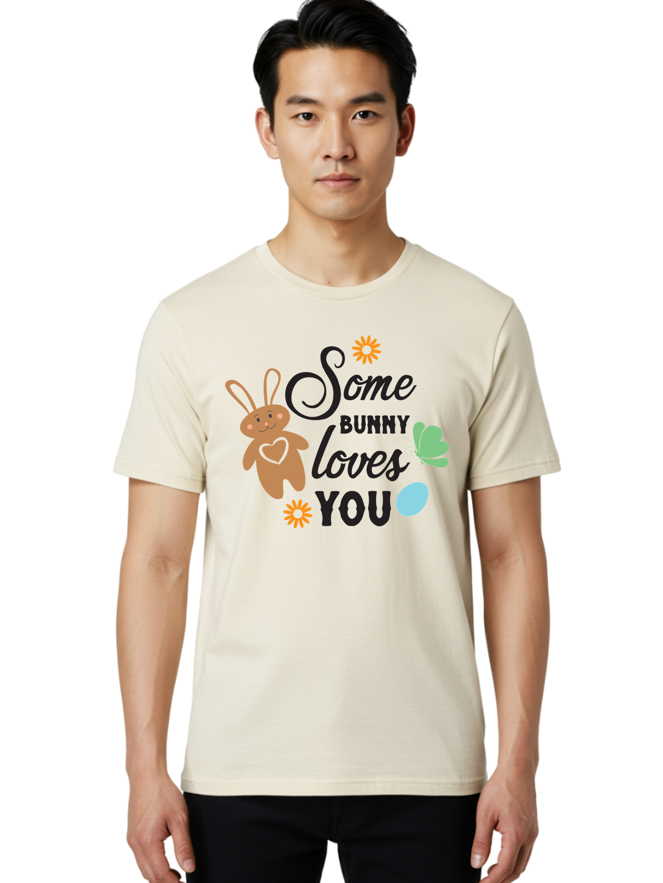 Some-Bunny-Loves-You Men'S Graphic Tee, 100% Cotton, Comfortable Casual Summer Wear, Machine Washable, Easter Bunny, Love Message, Cute Cartoons, Hearts, Spring Theme, Easter Eggs, Festive Designs, Adorable Bunnies, Spring Decorations Aad186 18