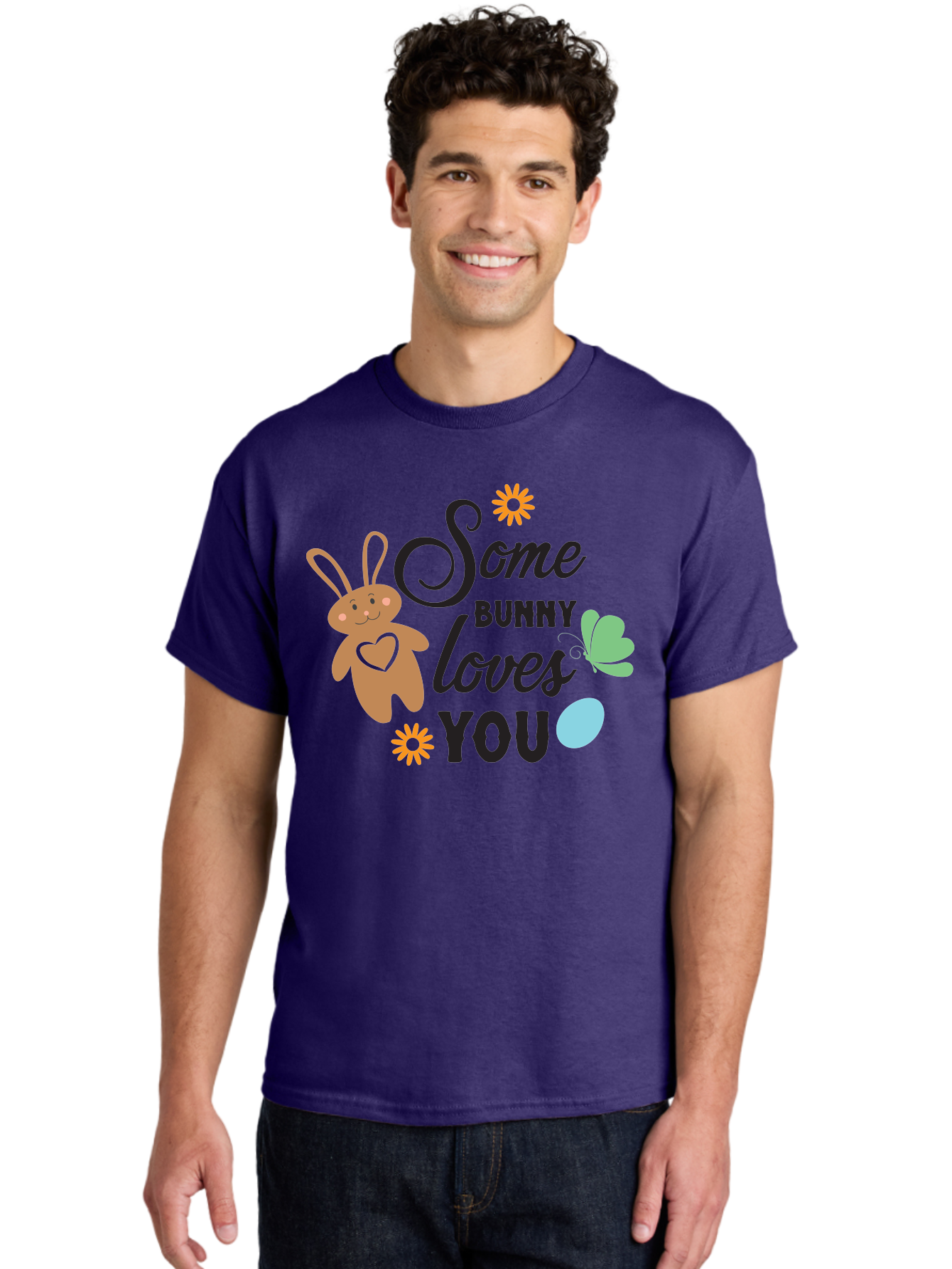 Some-Bunny-Loves-You Men'S Graphic Tee, 100% Cotton, Comfortable Casual Summer Wear, Machine Washable, Easter Bunny, Love Message, Cute Cartoons, Hearts, Spring Theme, Easter Eggs, Festive Designs, Adorable Bunnies, Spring Decorations Aad186 28