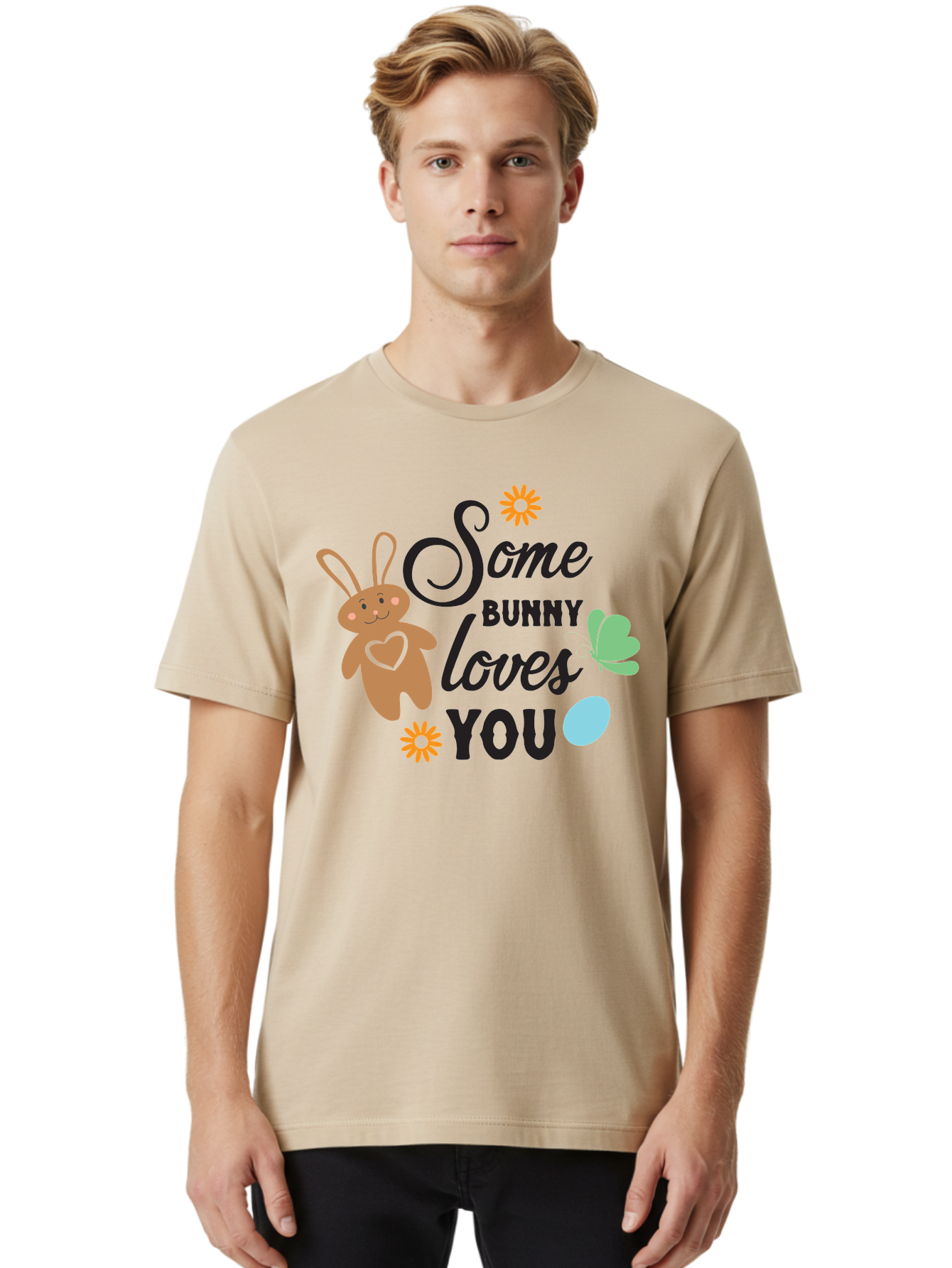 Some-Bunny-Loves-You Men'S Graphic Tee, 100% Cotton, Comfortable Casual Summer Wear, Machine Washable, Easter Bunny, Love Message, Cute Cartoons, Hearts, Spring Theme, Easter Eggs, Festive Designs, Adorable Bunnies, Spring Decorations Aad186 16