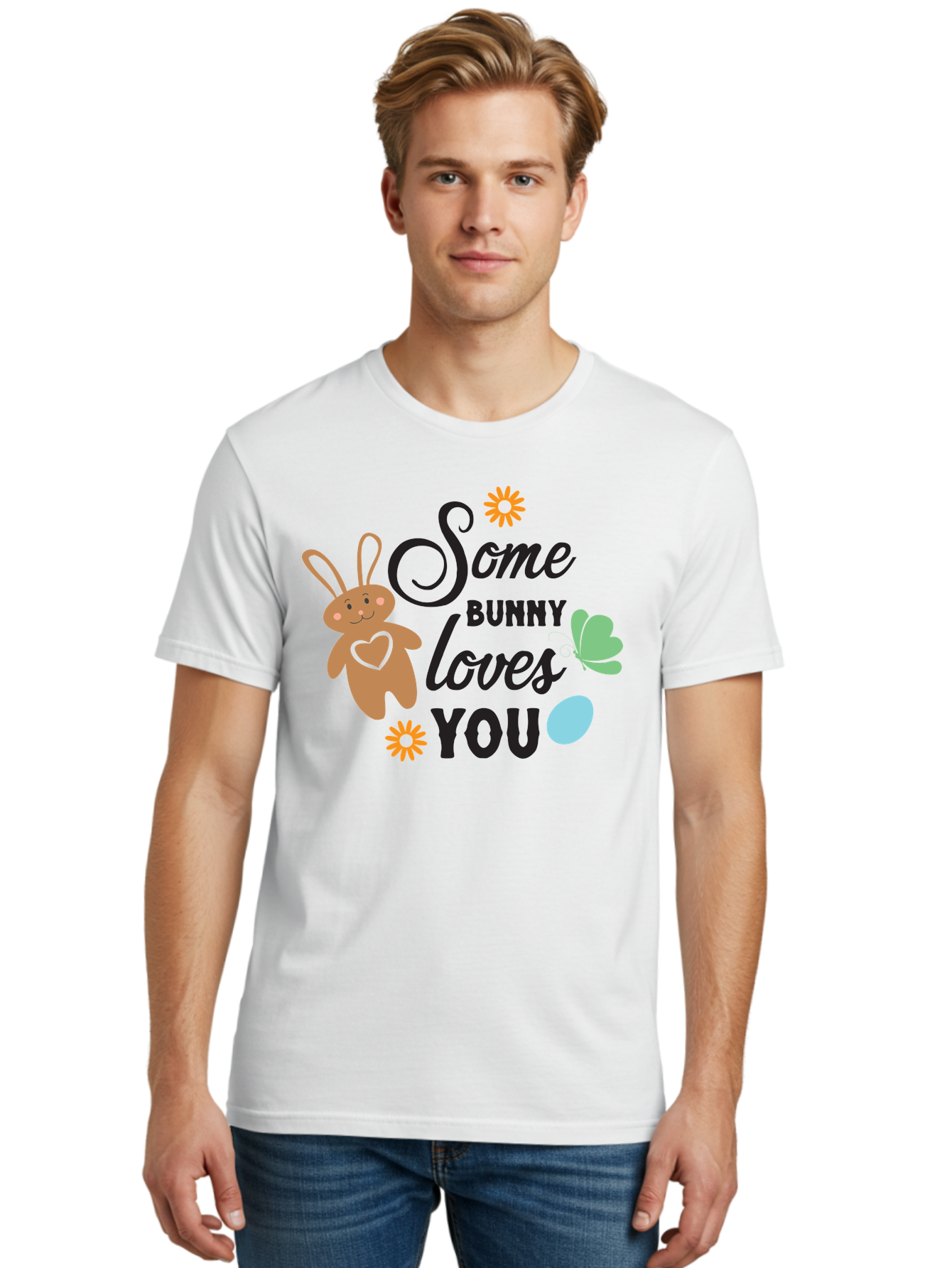 Some-Bunny-Loves-You Men'S Graphic Tee, 100% Cotton, Comfortable Casual Summer Wear, Machine Washable, Easter Bunny, Love Message, Cute Cartoons, Hearts, Spring Theme, Easter Eggs, Festive Designs, Adorable Bunnies, Spring Decorations Aad186 4