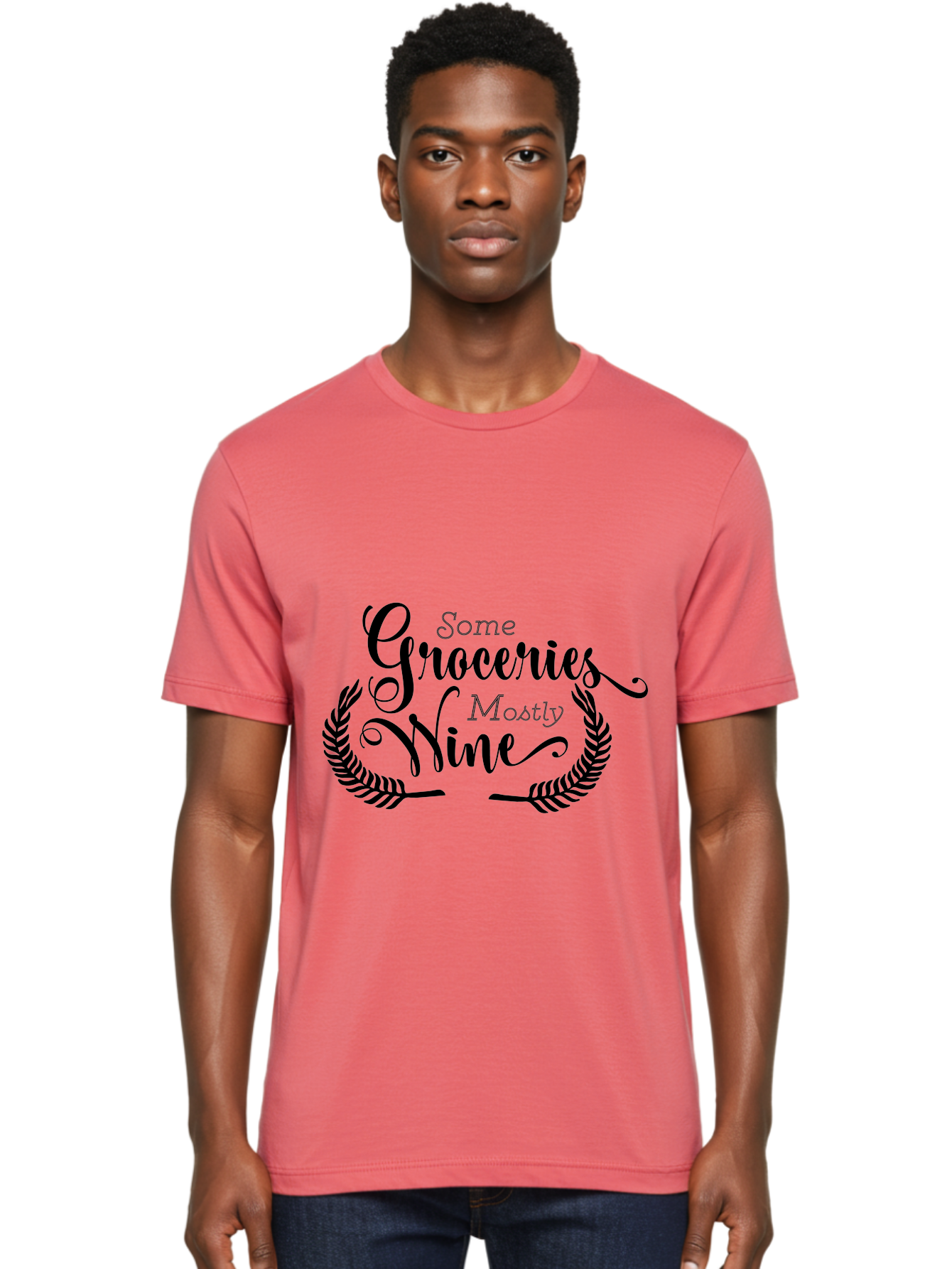 Some-Groceries-Mostly-Wine Men'S Graphic Tee, 100% Cotton, Comfortable Casual Summer Wear, Machine Washable, Grocery Shopping, Wine Lovers, Humorous Quote, Elegant Typography, Leafy Wreath, Shopping Humor, Funny Sayings Aad187 30