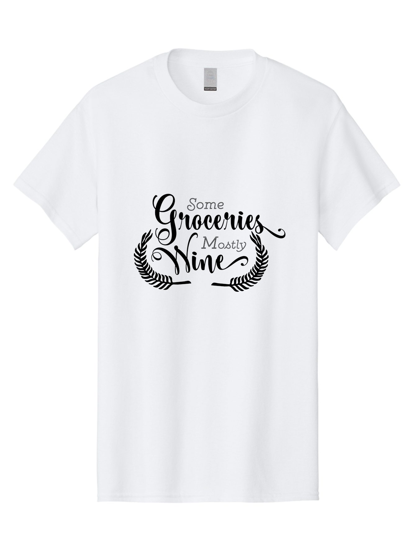 Some-Groceries-Mostly-Wine Men'S Graphic Tee, 100% Cotton, Comfortable Casual Summer Wear, Machine Washable, Grocery Shopping, Wine Lovers, Humorous Quote, Elegant Typography, Leafy Wreath, Shopping Humor, Funny Sayings Aad187 7