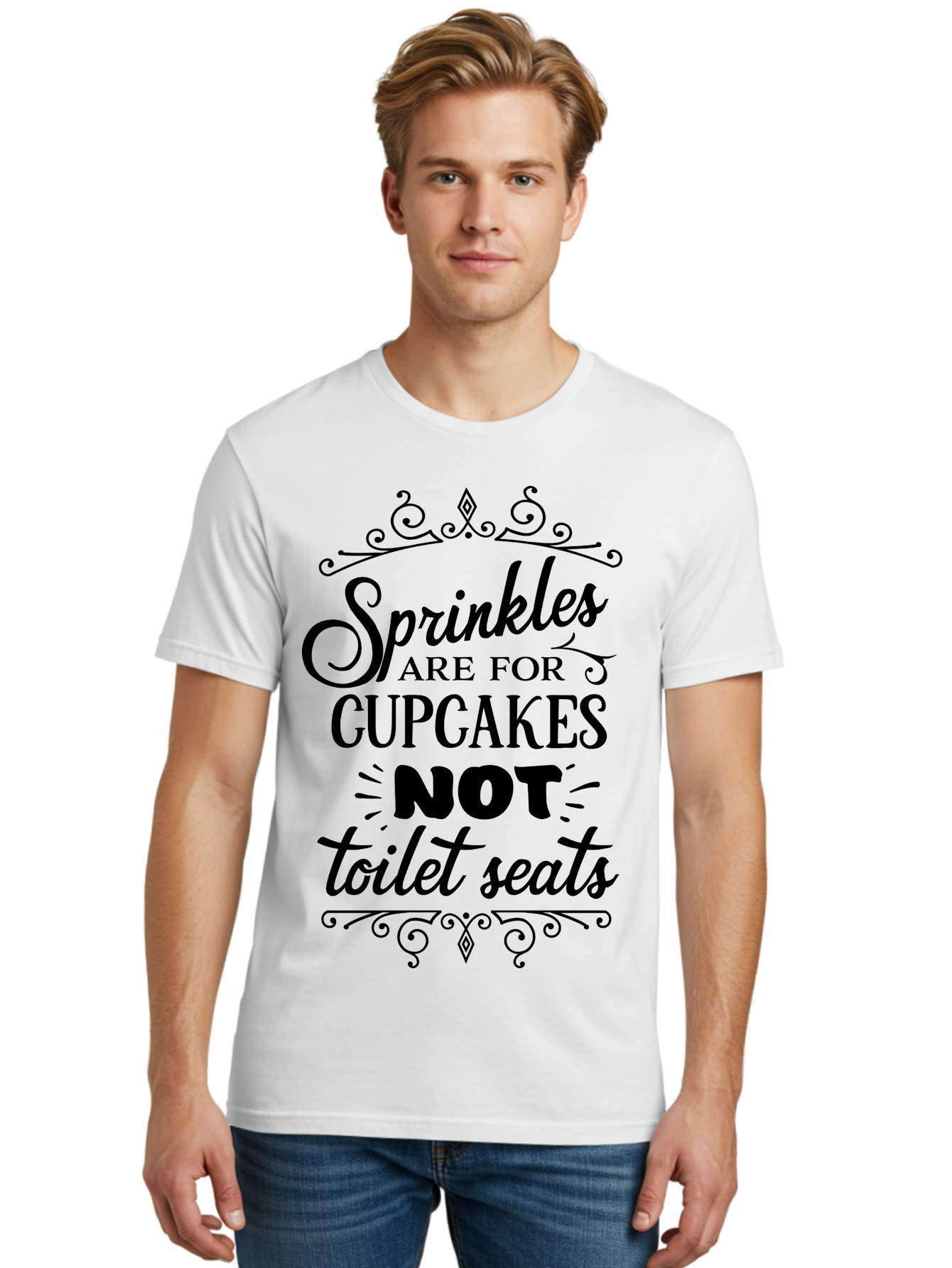 Sprinkles-Are-For-Cupcakes-Not-Toilet-Seats Men'S Graphic Tee, 100% Cotton, Comfortable Casual Summer Wear, Machine Washable, Funny Quote, Quirky Humor, Bathroom Decor, Cupcake Love, Sprinkle Theme, Toilet Humor, Cute Sign, Baking Humor, Aad193 8