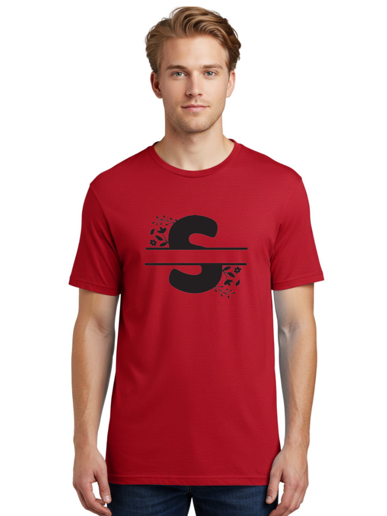 Ss-Floral-Design Men'S Graphic Tee, 100% Cotton, Comfortable Casual Summer Wear, Machine Washable, Floral Design, Double S, Black Letters, Leafy Vines, Flowers, Elegant Typography, Decorative Elements, S Lettering Aad194 24
