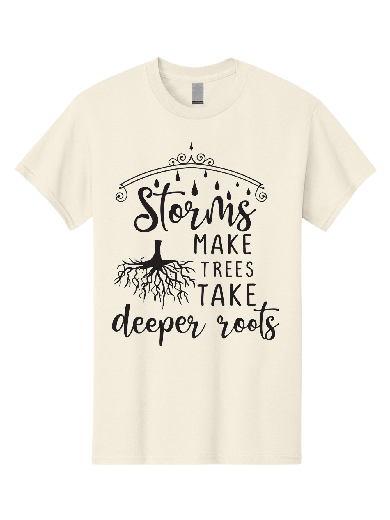 Storms-Make-Trees-Take-Deeper-Roots Men'S Graphic Tee, 100% Cotton, Comfortable Casual Summer Wear, Machine Washable, Inspirational Quote, Tree Roots, Storms, Resilience, Growth, Motivational Words, Nature Theme, Typography Art, Rain Drops, Aad203 11