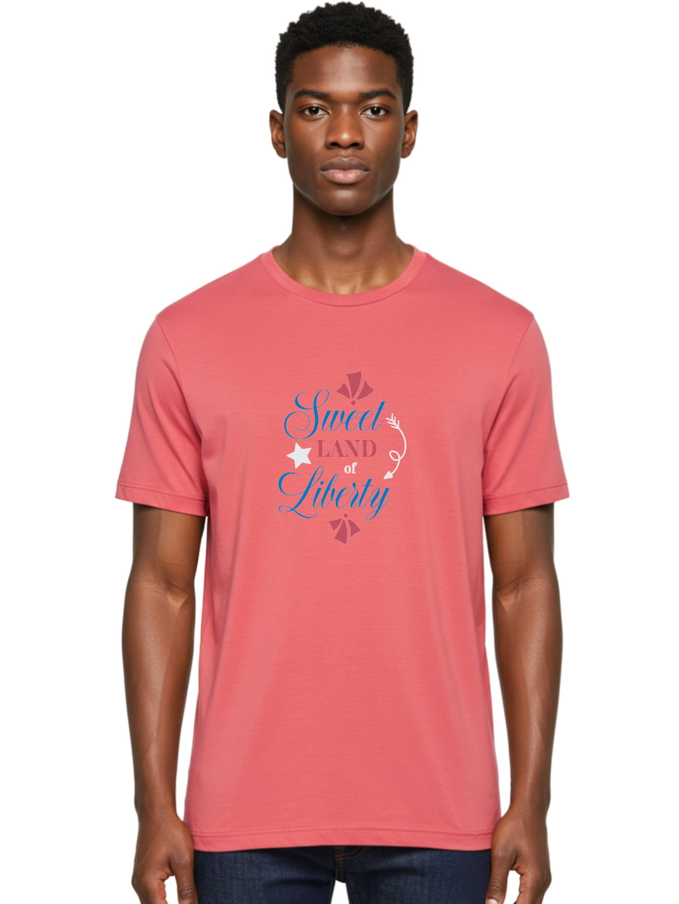 Sweet-Land-Of-Liberty Men'S Graphic Tee, 100% Cotton, Comfortable Casual Summer Wear, Machine Washable, Patriotic Graphic, Liberty Theme, Usa Inspiration, Vintage Style, Floral Elements, Arrow Design, Star Symbol, Red White And Blue Colors, Aad217 10