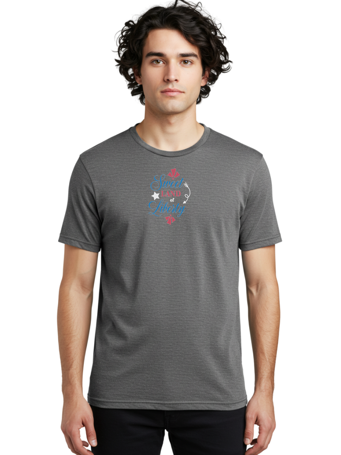 Sweet-Land-Of-Liberty Men'S Graphic Tee, 100% Cotton, Comfortable Casual Summer Wear, Machine Washable, Patriotic Graphic, Liberty Theme, Usa Inspiration, Vintage Style, Floral Elements, Arrow Design, Star Symbol, Red White And Blue Colors, Aad217 14