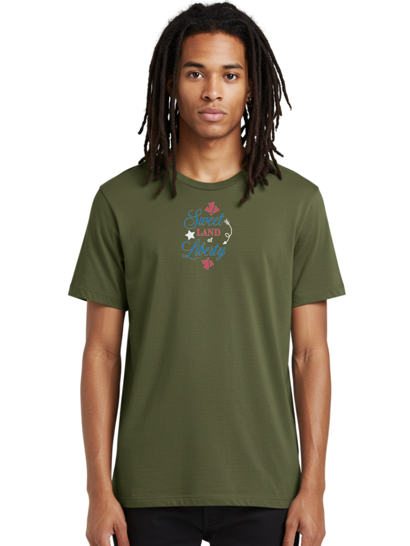 Sweet-Land-Of-Liberty Men'S Graphic Tee, 100% Cotton, Comfortable Casual Summer Wear, Machine Washable, Patriotic Graphic, Liberty Theme, Usa Inspiration, Vintage Style, Floral Elements, Arrow Design, Star Symbol, Red White And Blue Colors, Aad217 18