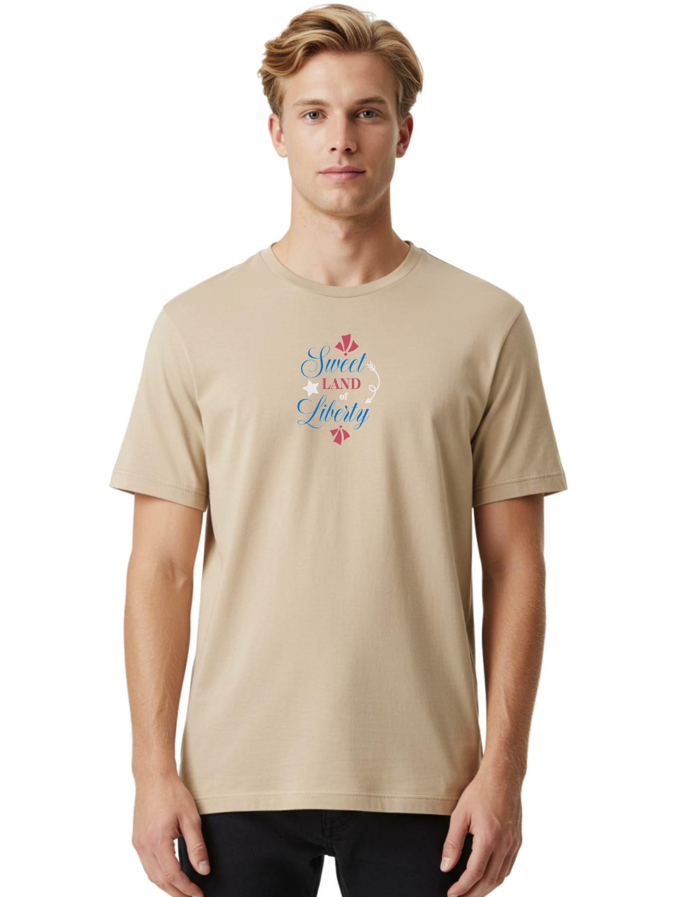 Sweet-Land-Of-Liberty Men'S Graphic Tee, 100% Cotton, Comfortable Casual Summer Wear, Machine Washable, Patriotic Graphic, Liberty Theme, Usa Inspiration, Vintage Style, Floral Elements, Arrow Design, Star Symbol, Red White And Blue Colors, Aad217 22