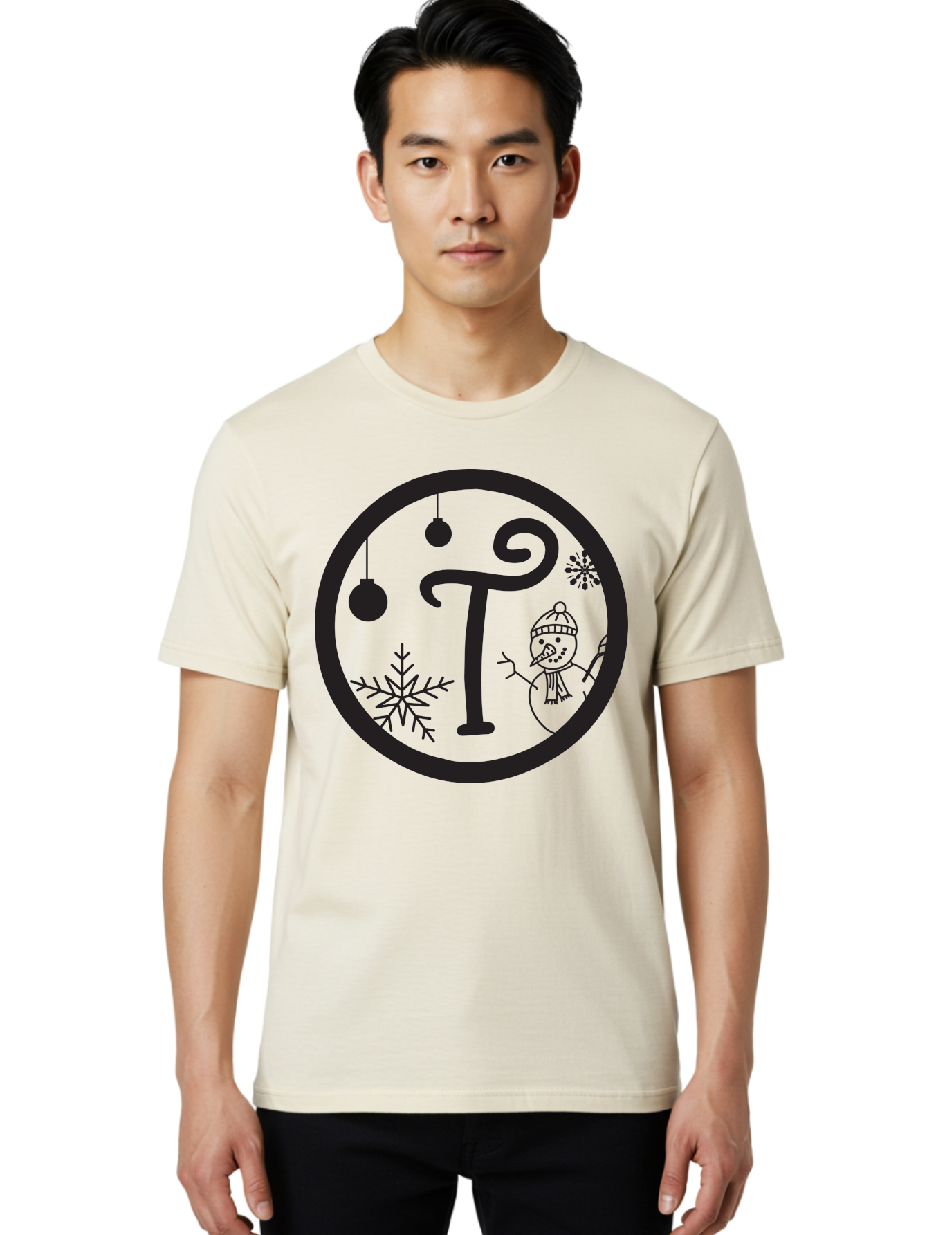 T-Snowman Men'S Graphic Tee, 100% Cotton, Comfortable Casual Summer Wear, Machine Washable, Snowman Waving, Christmas Ornaments, Snowflakes, Winter Wonderland, Holiday Decorations, Festive Theme, Minimalist Design, Cute Snowman Character Aad219 28