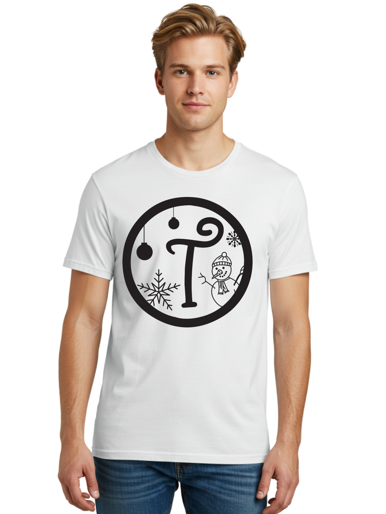 T-Snowman Men'S Graphic Tee, 100% Cotton, Comfortable Casual Summer Wear, Machine Washable, Snowman Waving, Christmas Ornaments, Snowflakes, Winter Wonderland, Holiday Decorations, Festive Theme, Minimalist Design, Cute Snowman Character Aad219 16