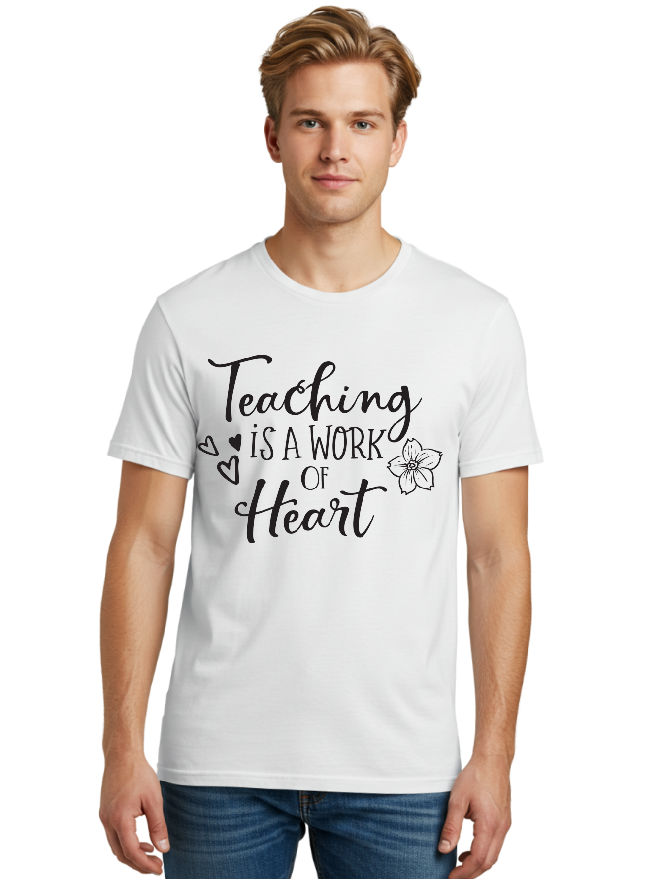 Teaching-Is-A-Work-Of-Heart Men'S Graphic Tee, 100% Cotton, Comfortable Casual Summer Wear, Machine Washable, Inspirational Quote, Teaching Profession, Heartfelt Dedication, Teacher Appreciation, Motivational Phrase, Educational Quotes, Aad223 22
