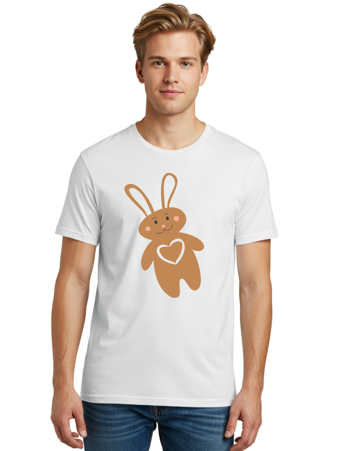 Teddy-Bunny Men'S Graphic Tee, 100% Cotton, Comfortable Casual Summer Wear, Machine Washable, Teddy Bear, Bunny, Heart, Cute, Cartoon, Digital Art, Nursery, Kawaii, Love, Friendship, Adorable Aad226 24