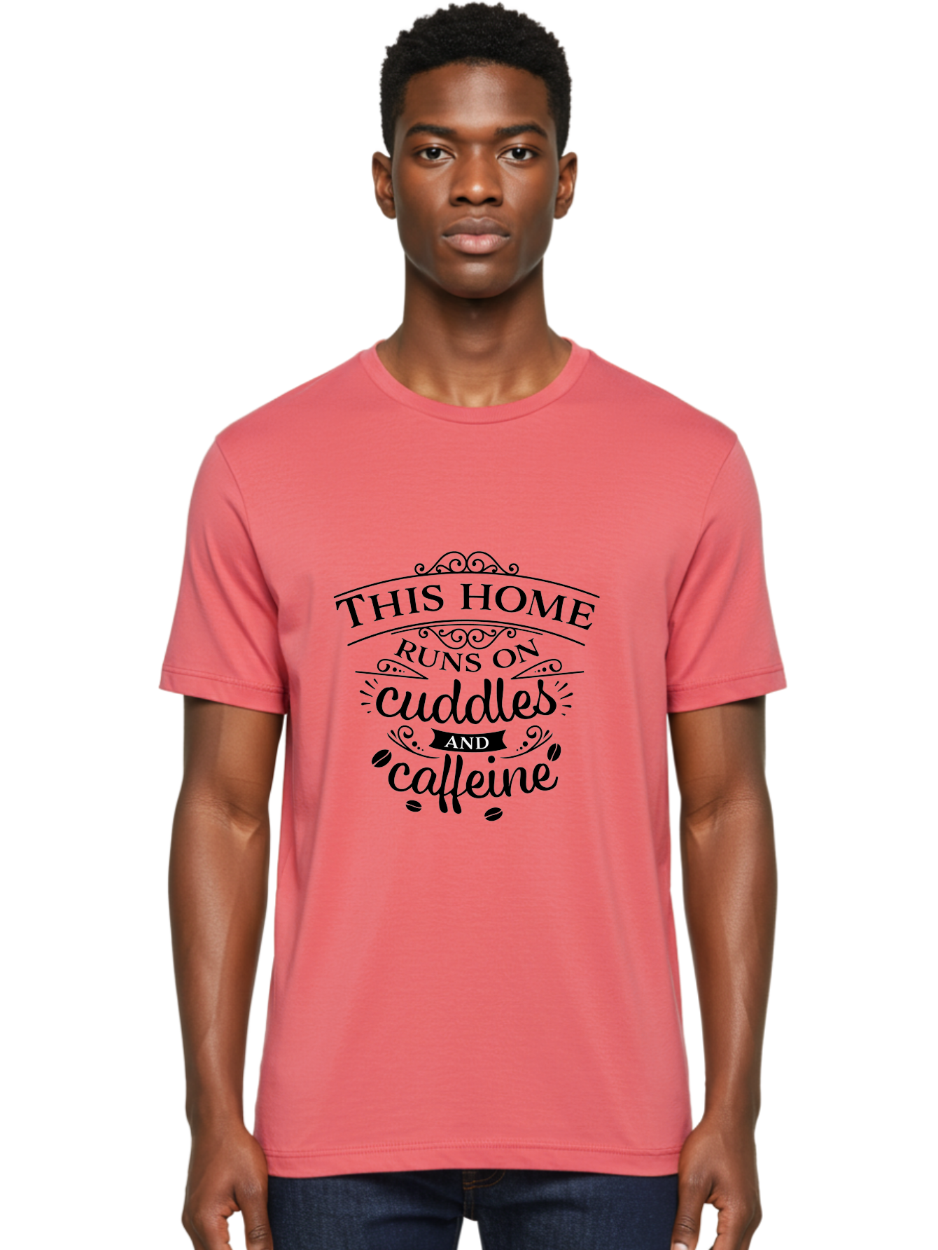 This-Home-Runs-On-Cuddles-And-Caffeine Men'S Graphic Tee, 100% Cotton, Comfortable Casual Summer Wear, Machine Washable, Funny Quote, Cuddles And Caffeine, Home Decor, Humorous Sayings, Coffee Lover Gift, Family Quote, Cozy Home Vibes, Aad244 24