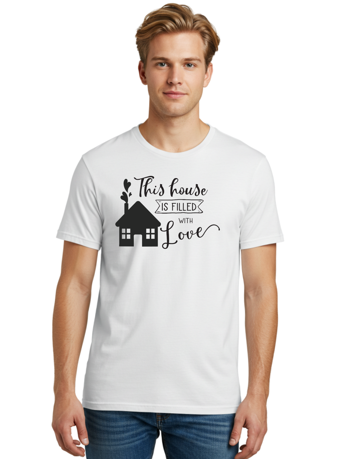 This-House-Is-Filled-With-Love Men'S Graphic Tee, 100% Cotton, Comfortable Casual Summer Wear, Machine Washable, Love-Filled Home, Family Values, Home Sweet Home, Heartwarming Quotes, Cozy Atmosphere, Loving Sentiment, Home Decor Inspiration Aad245 2