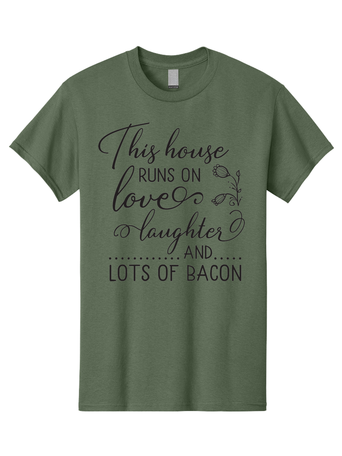 This-House-Runs-On-Love-Laughter-And-Lots-Of-Bacon Men'S Graphic Tee, 100% Cotton, Comfortable Casual Summer Wear, Machine Washable, Funny Quote, Humor, Kitchen Decor, Love, Laughter, Bacon, Quote, Home Decor, Kitchen Wall Art, Quirky, Foodie, Aad246 3