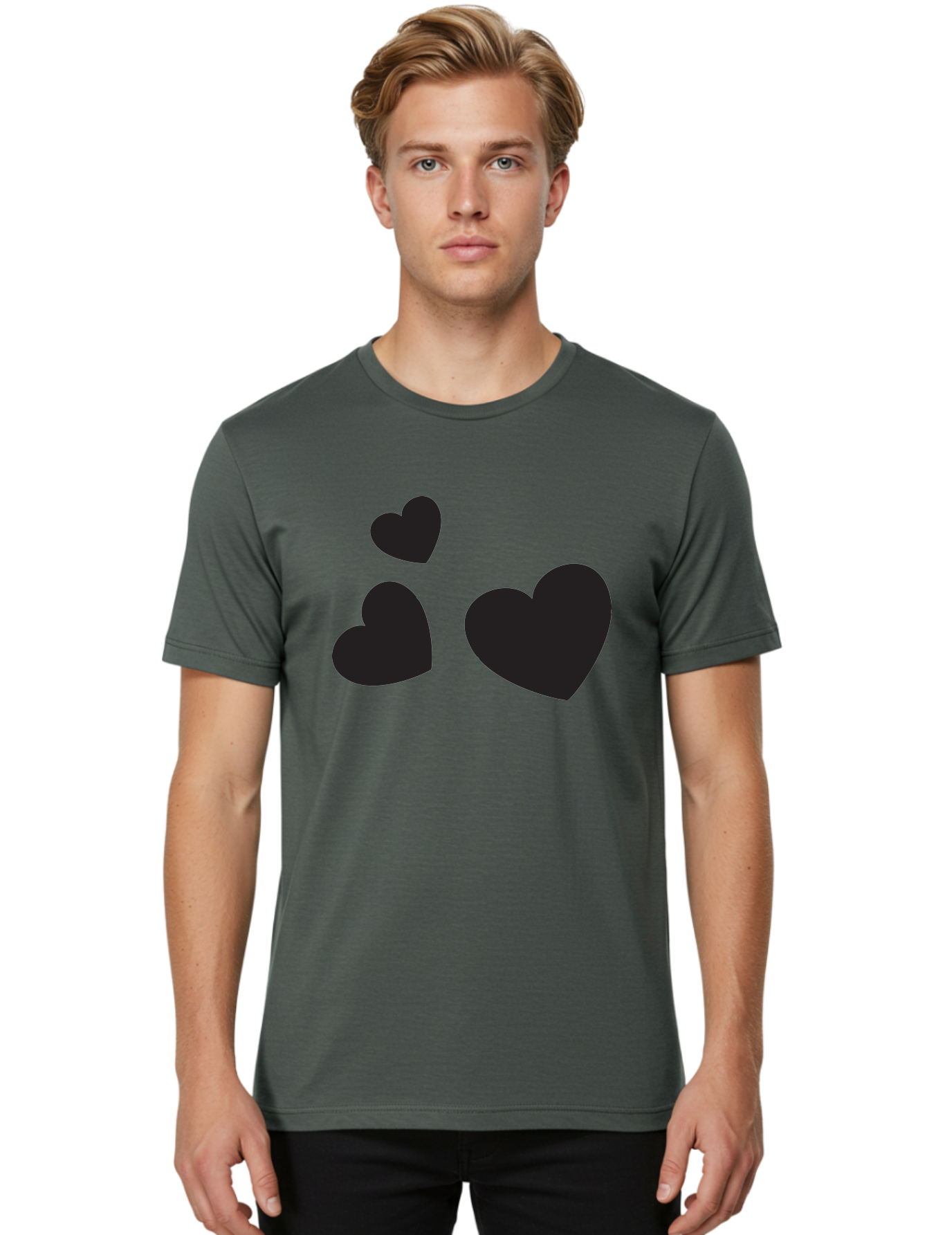 Three-Black-Hearts Men'S Graphic Tee, 100% Cotton, Comfortable Casual Summer Wear, Machine Washable, Love Symbols, Heart Icons, Minimalist Design, Simple Shapes, Black Silhouettes, Romance, Love Hearts, Heart Shapes Aad251 16