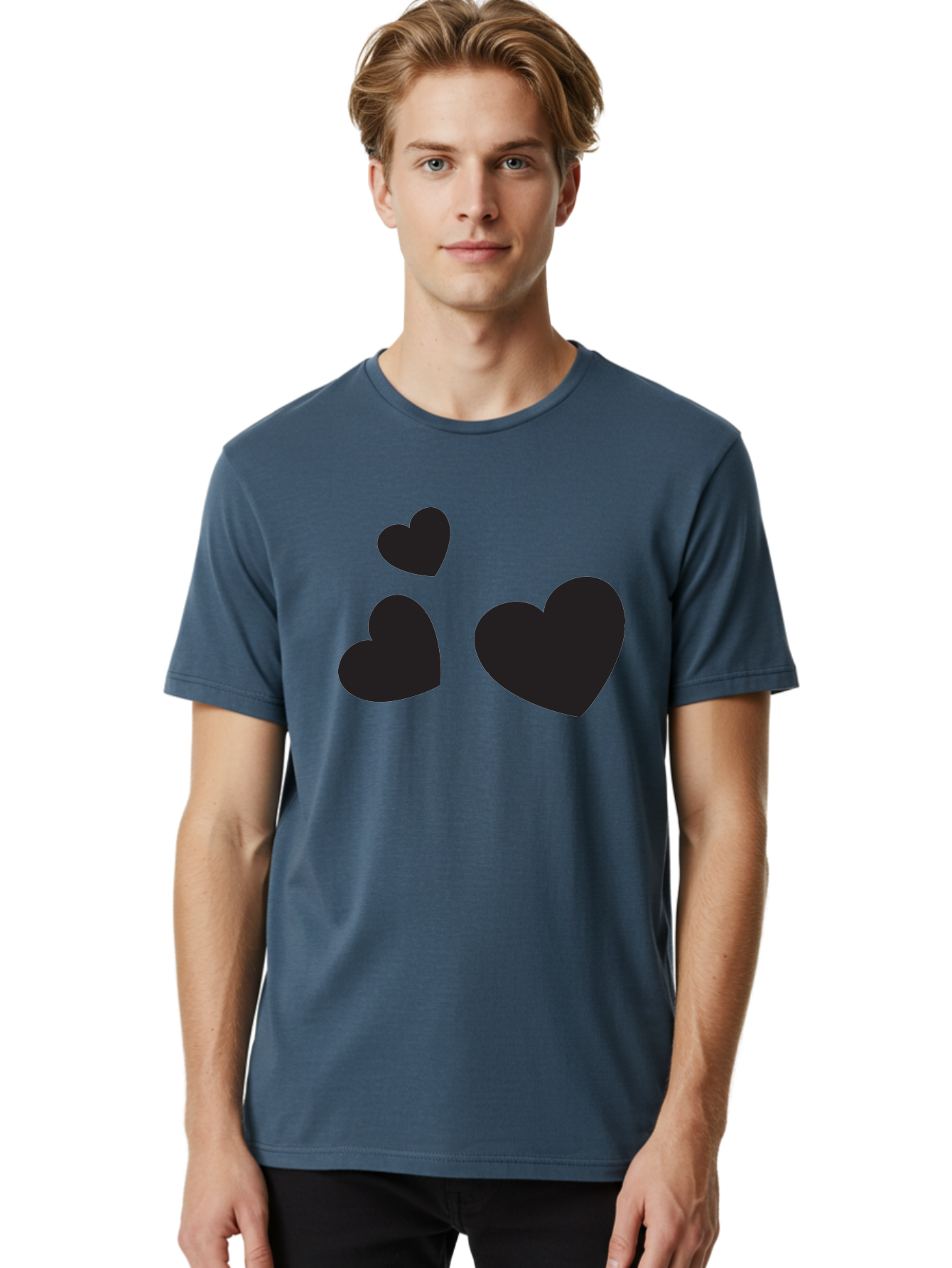 Three-Black-Hearts Men'S Graphic Tee, 100% Cotton, Comfortable Casual Summer Wear, Machine Washable, Love Symbols, Heart Icons, Minimalist Design, Simple Shapes, Black Silhouettes, Romance, Love Hearts, Heart Shapes Aad251 6
