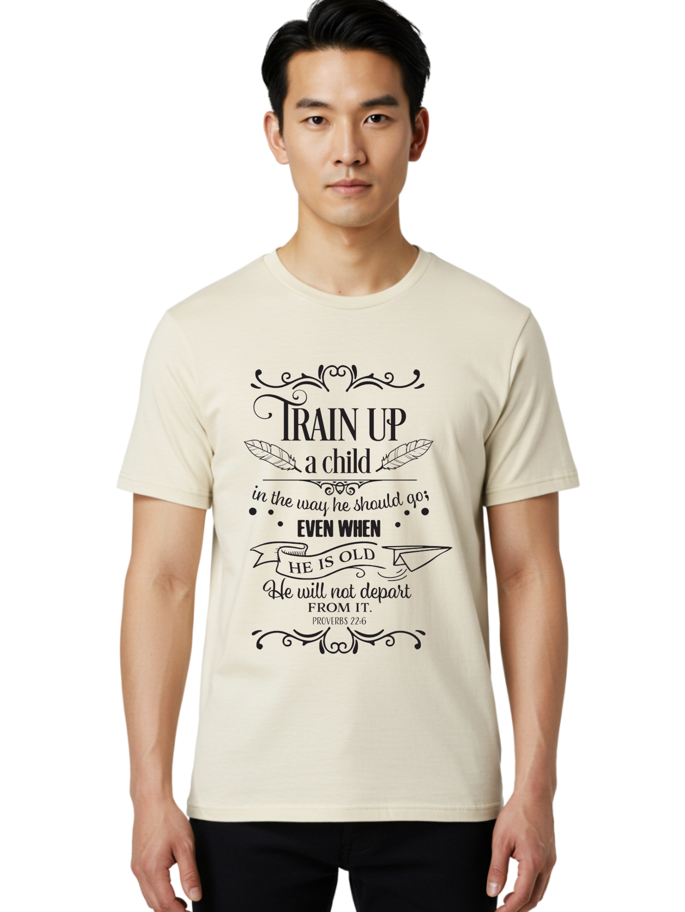 Train-Up-A-Child Men'S Graphic Tee, 100% Cotton, Comfortable Casual Summer Wear, Machine Washable, Inspirational Quote, Biblical Verse, Proverbs 22:6, Parenting Advice, Child Upbringing, Scripture Art, Typographic Design, Feather Graphics, Aad268 16
