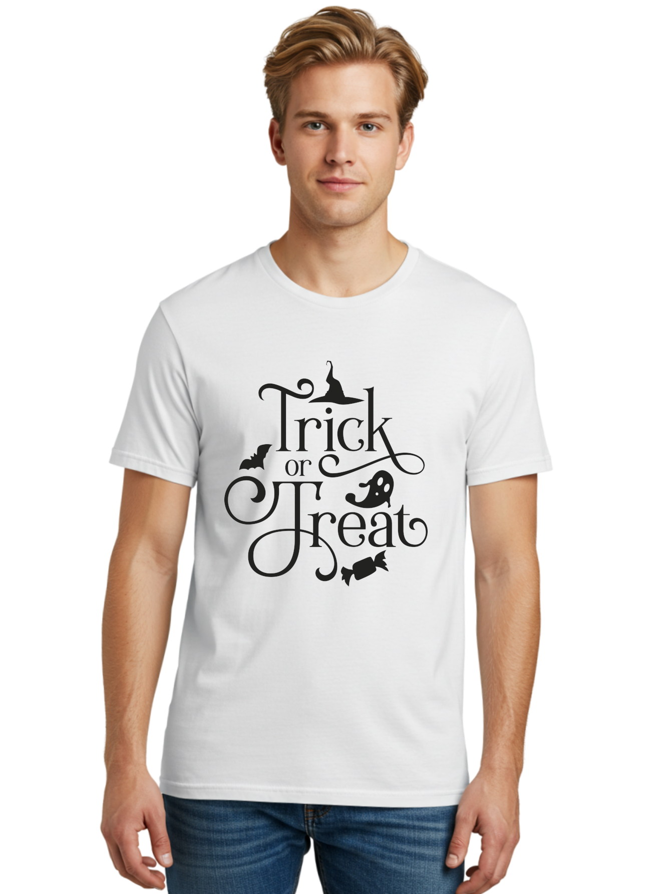 Trick-Or-Treat Men'S Graphic Tee, 100% Cotton, Comfortable Casual Summer Wear, Machine Washable, Halloween Greeting, Trick Or Treat, Black Silhouettes, Witch Hat, Flying Bat, Candy, Spooky Decorations, Halloween Theme, Festive Decor Aad270 22