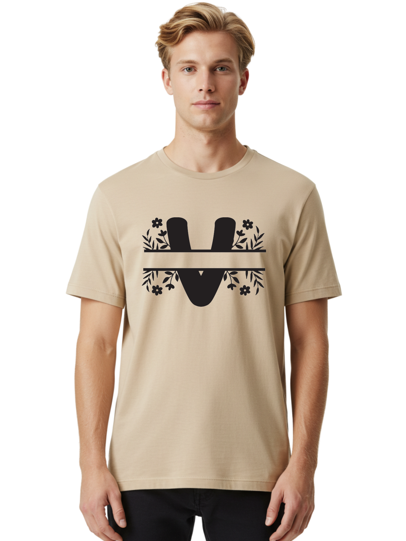 W-1 Men'S Graphic Tee, 100% Cotton, Comfortable Casual Summer Wear, Machine Washable, Stylish Letter W, Floral Design, Black Silhouette, Decorative Flowers, Minimalist Art, Elegant Typography, Modern Graphic Design Aad281 24