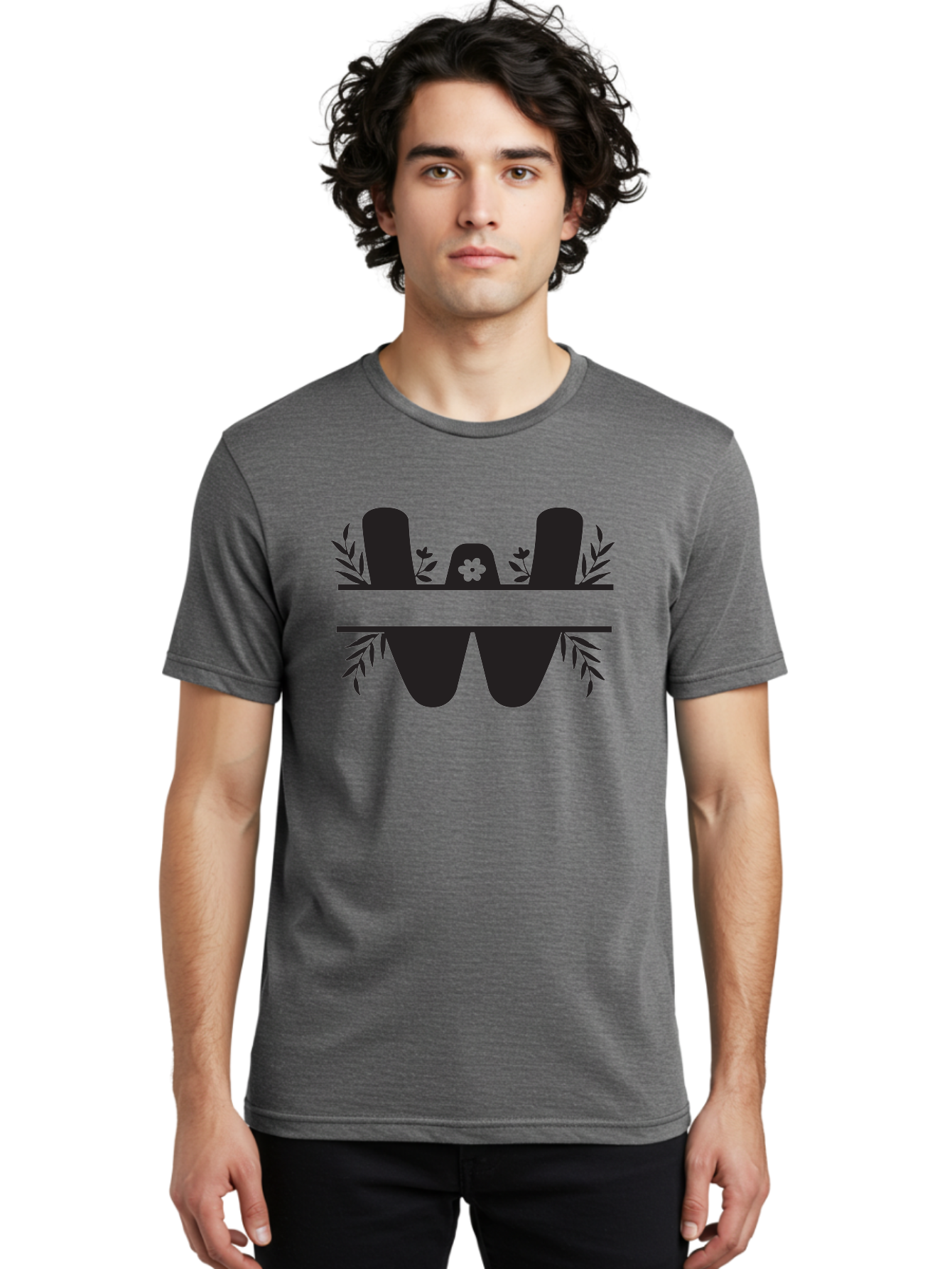 W-Logo Men'S Graphic Tee, 100% Cotton, Comfortable Casual Summer Wear, Machine Washable, Stylized Letter W, Floral Motifs, Minimalist Design, Black Silhouette, Leafy Pattern, Four-Leaf Clover Aad283 10