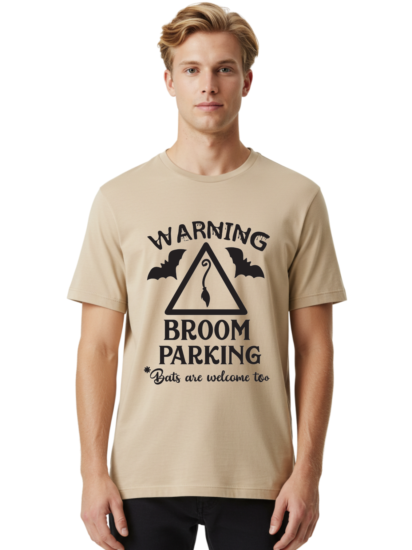 Warning-Broom-Parking Men'S Graphic Tee, 100% Cotton, Comfortable Casual Summer Wear, Machine Washable, Halloween Warning Sign, Broom Parking, Bats Are Welcome, Spooky Decor, Witchy Vibes, Halloween Decorations, Funny Halloween Signs Aad286 24