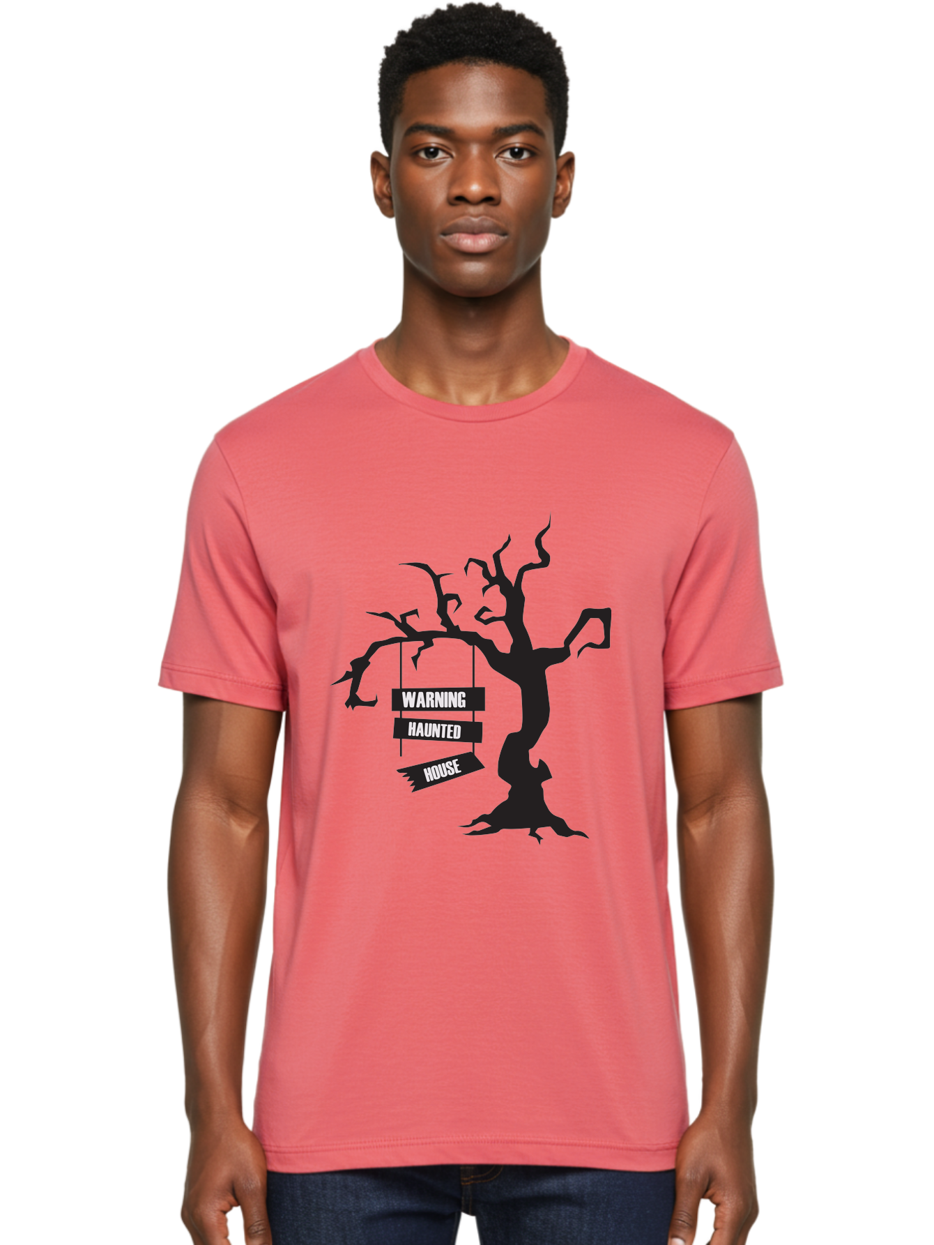 Warning-Haunted-House Men'S Graphic Tee, 100% Cotton, Comfortable Casual Summer Wear, Machine Washable, Haunted House, Spooky Tree, Warning Signs, Halloween Decorations, Scary Silhouettes, Haunted House Signs, Halloween Graphics, Aad287 20