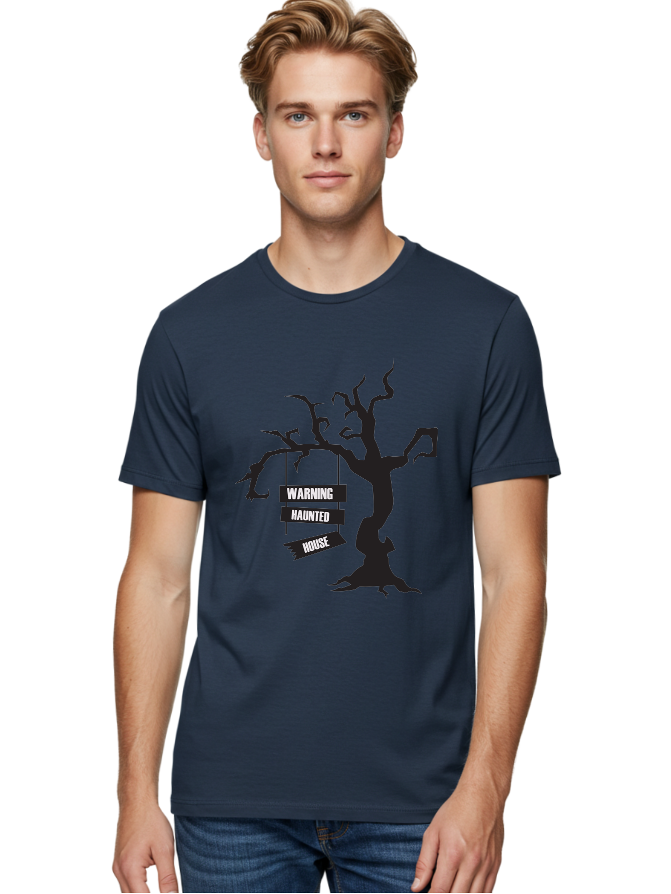 Warning-Haunted-House Men'S Graphic Tee, 100% Cotton, Comfortable Casual Summer Wear, Machine Washable, Haunted House, Spooky Tree, Warning Signs, Halloween Decorations, Scary Silhouettes, Haunted House Signs, Halloween Graphics, Aad287 12