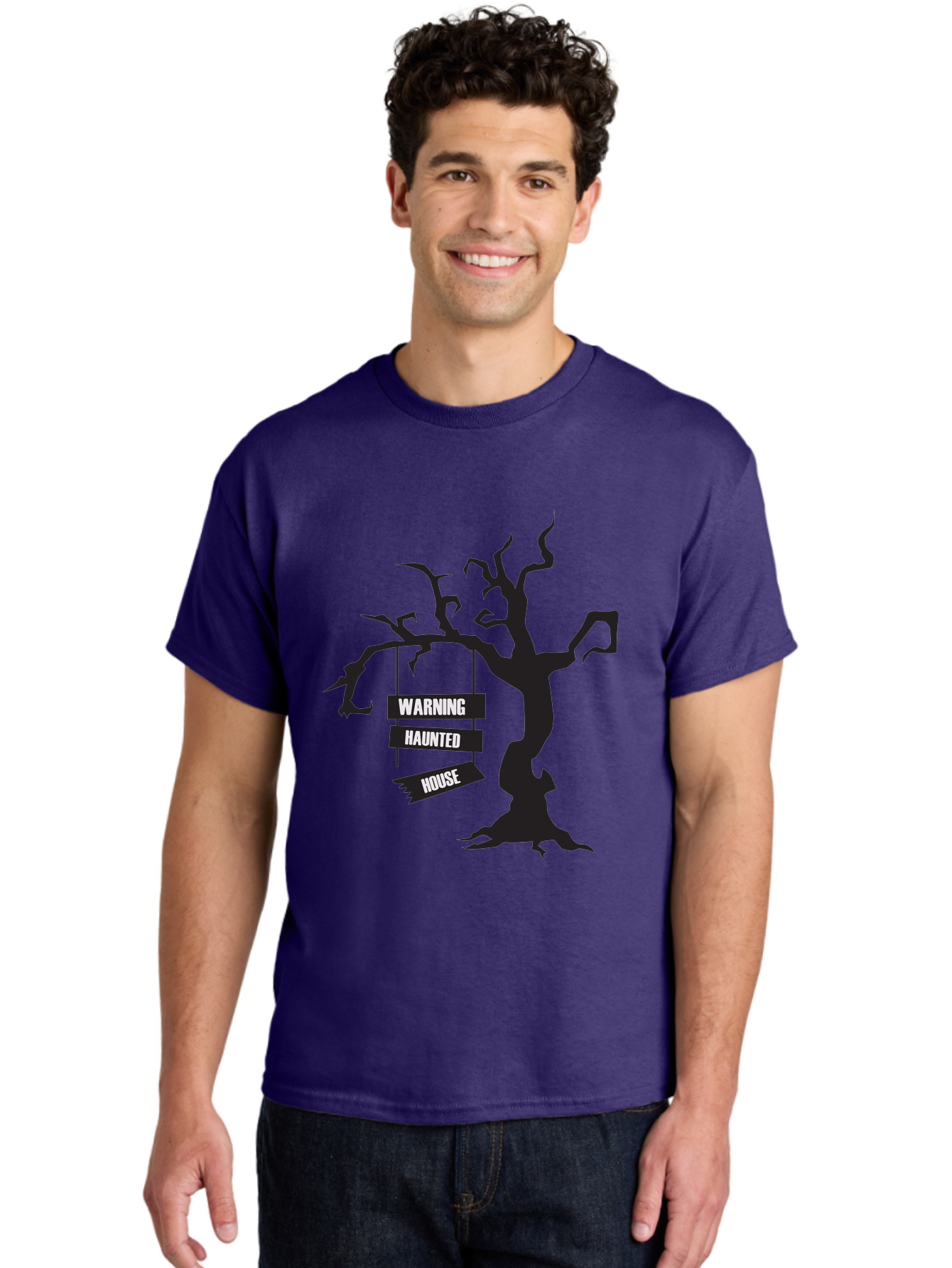 Warning-Haunted-House Men'S Graphic Tee, 100% Cotton, Comfortable Casual Summer Wear, Machine Washable, Haunted House, Spooky Tree, Warning Signs, Halloween Decorations, Scary Silhouettes, Haunted House Signs, Halloween Graphics, Aad287 24