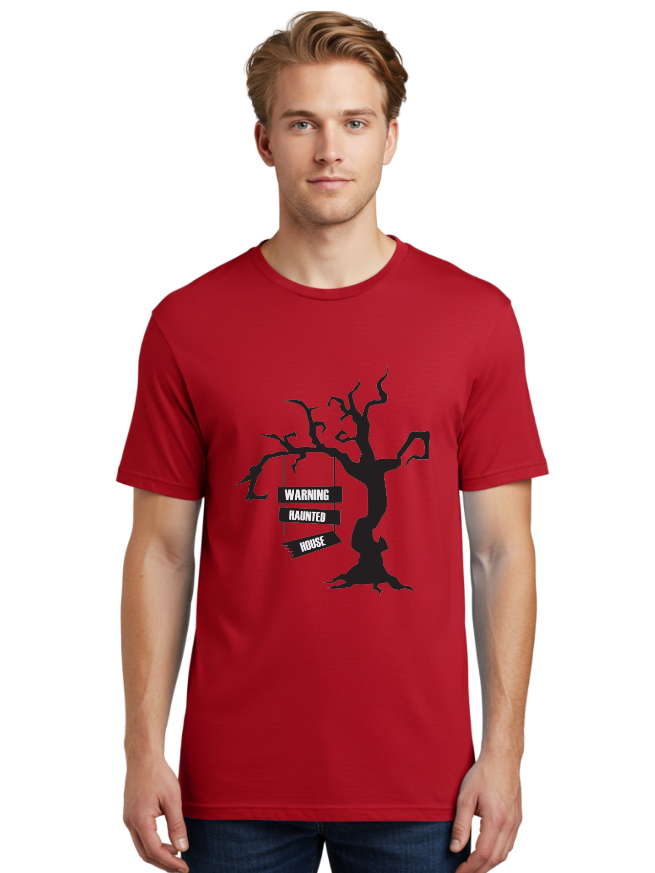 Warning-Haunted-House Men'S Graphic Tee, 100% Cotton, Comfortable Casual Summer Wear, Machine Washable, Haunted House, Spooky Tree, Warning Signs, Halloween Decorations, Scary Silhouettes, Haunted House Signs, Halloween Graphics, Aad287 16