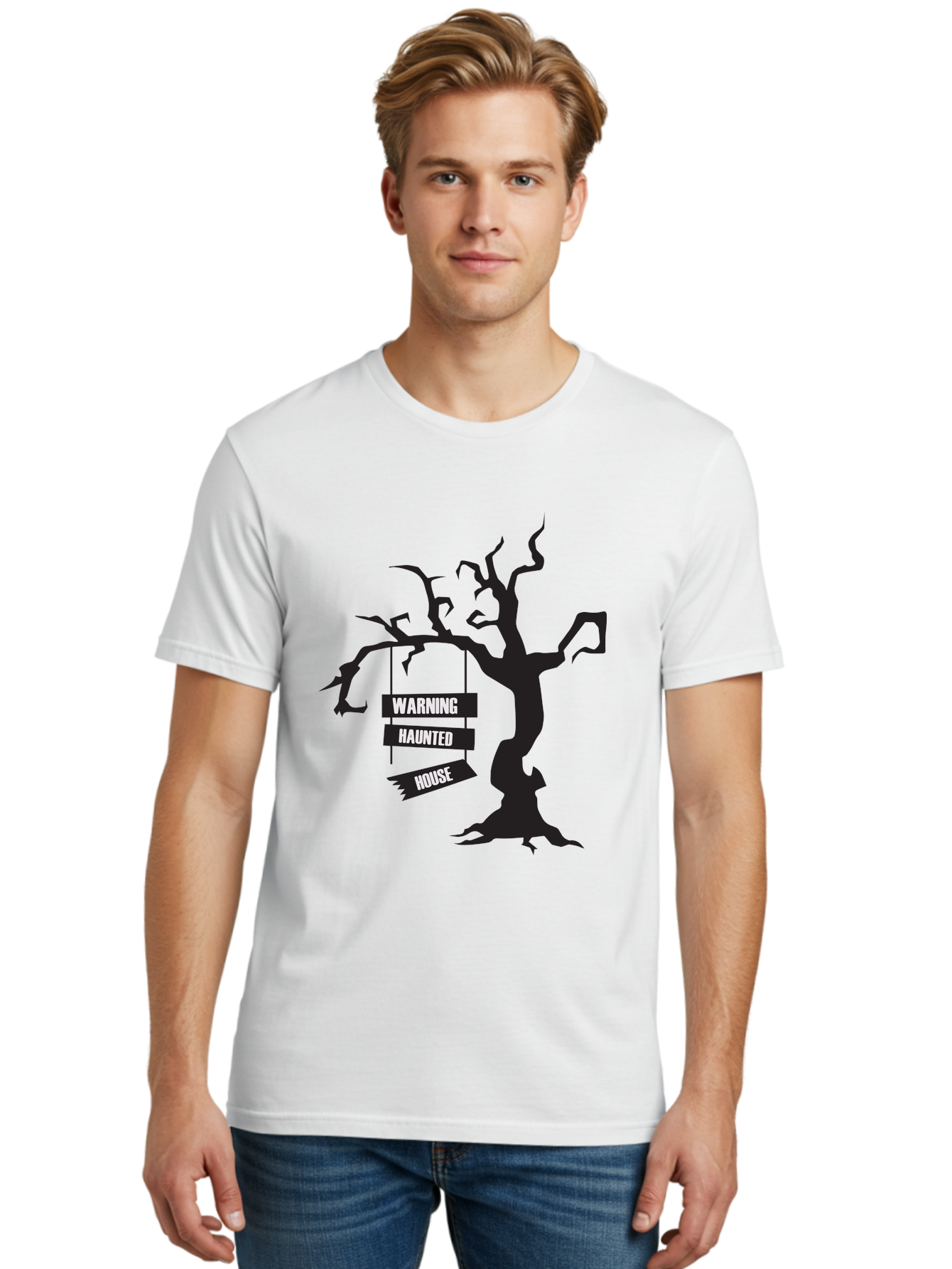 Warning-Haunted-House Men'S Graphic Tee, 100% Cotton, Comfortable Casual Summer Wear, Machine Washable, Haunted House, Spooky Tree, Warning Signs, Halloween Decorations, Scary Silhouettes, Haunted House Signs, Halloween Graphics, Aad287 4