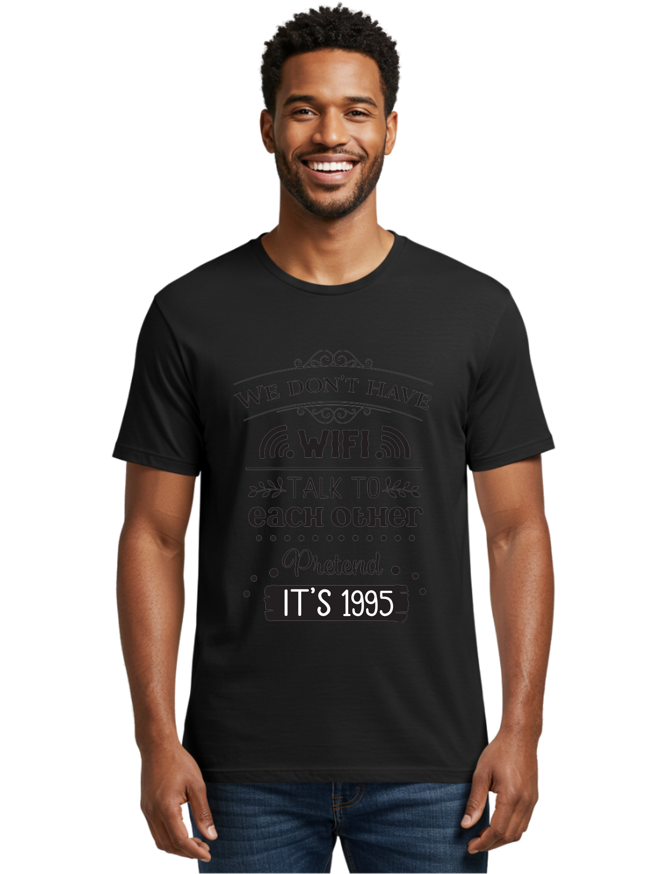 We-Don-T-Have-Wifi-Talk-To-Each-Other-Pretend-It-S-1995 Men'S Graphic Tee, 100% Cotton, Comfortable Casual Summer Wear, Machine Washable, Funny Quote, Wi-Fi Humor, Nostalgic 90S, Retro Vibe, Witty Saying, Tech-Free, Conversation Starter, Aad291 20
