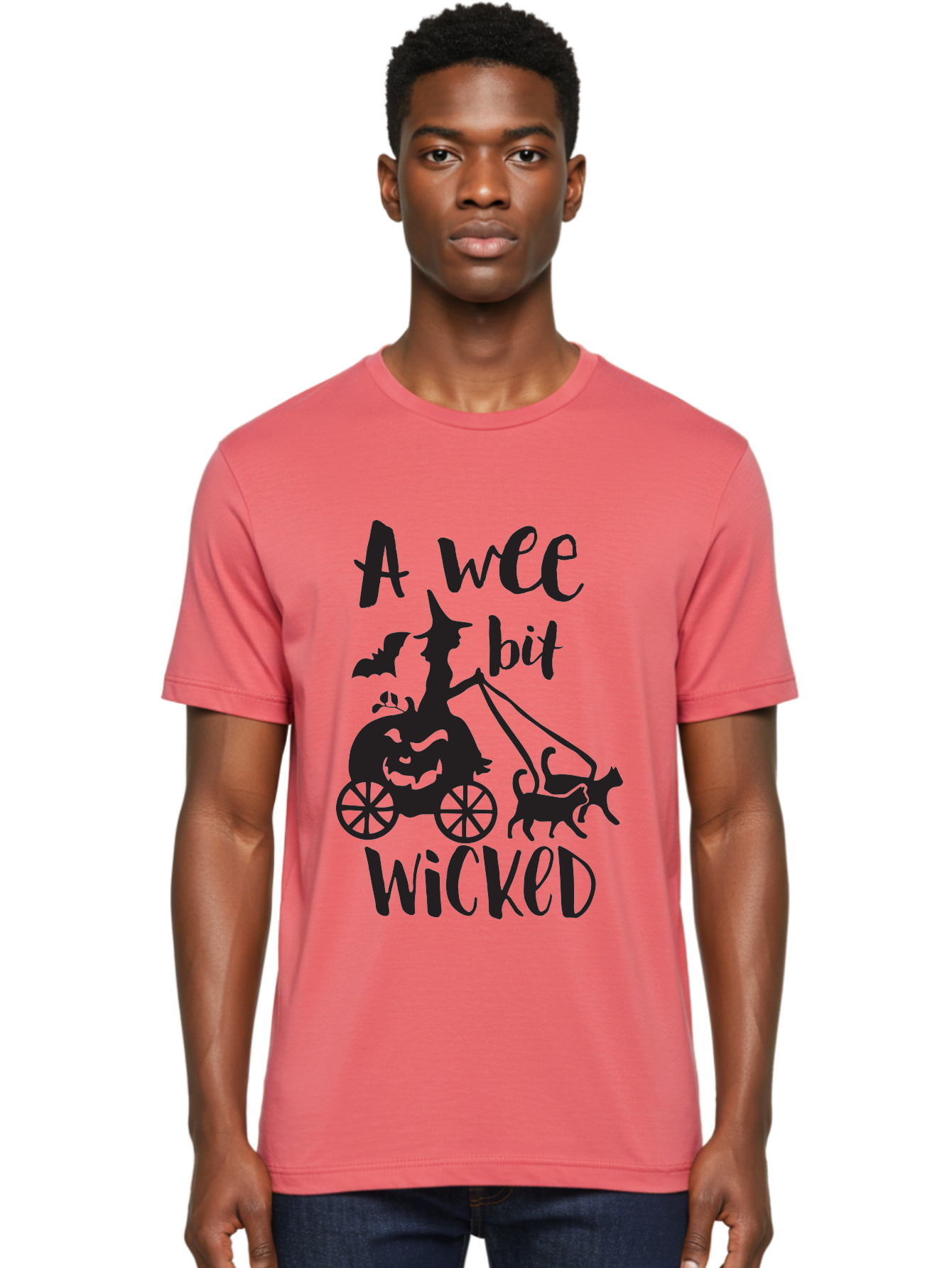 Wee-Bit-Wicked Men'S Graphic Tee, 100% Cotton, Comfortable Casual Summer Wear, Machine Washable, Witch Riding Pumpkin Cart, Black Cats, Bats, Halloween Silhouette, Spooky Scene, Halloween Decorations, Witchy Vibes, Jack-O-Lantern, Aad293 30