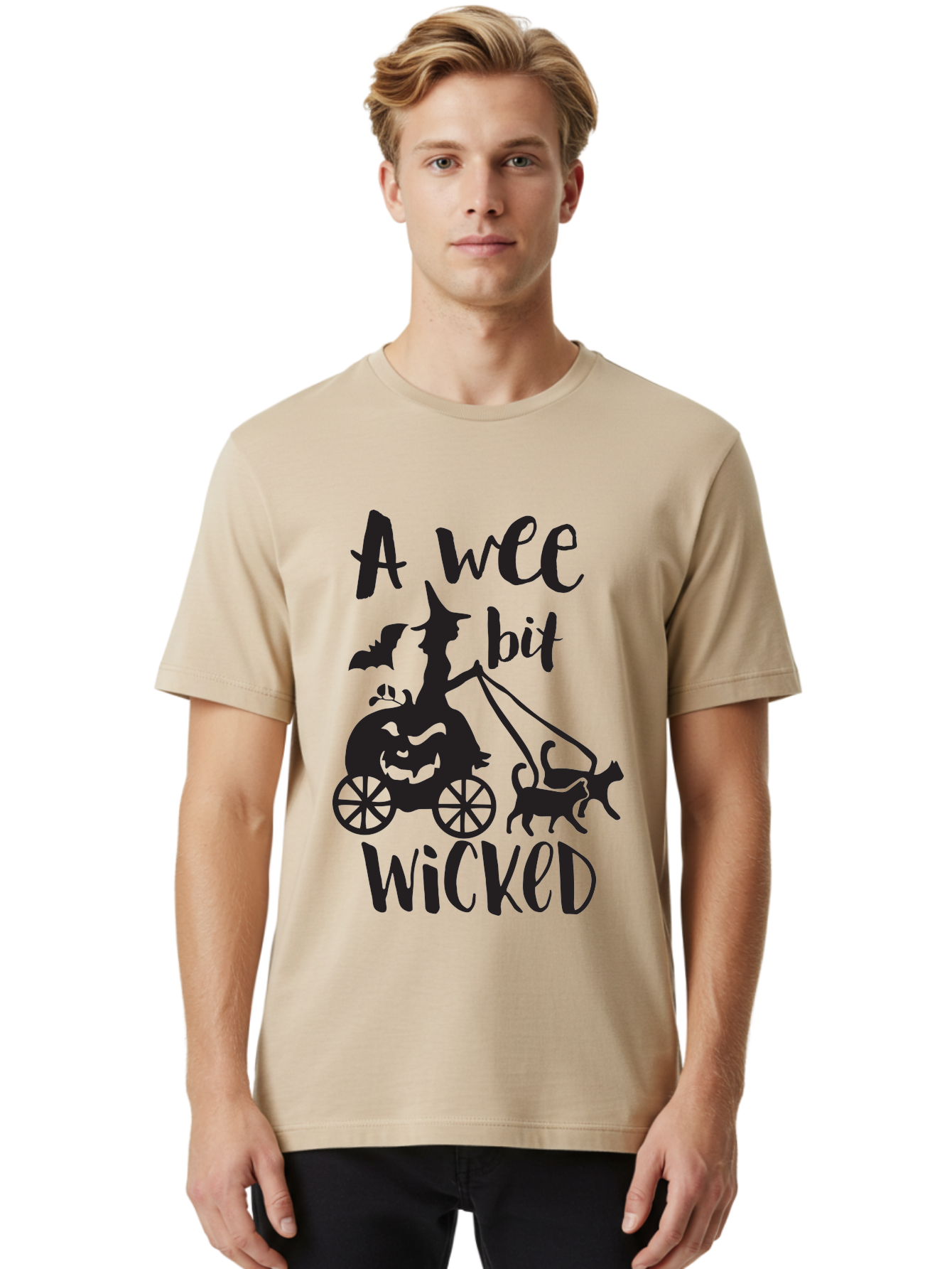 Wee-Bit-Wicked Men'S Graphic Tee, 100% Cotton, Comfortable Casual Summer Wear, Machine Washable, Witch Riding Pumpkin Cart, Black Cats, Bats, Halloween Silhouette, Spooky Scene, Halloween Decorations, Witchy Vibes, Jack-O-Lantern, Aad293 24