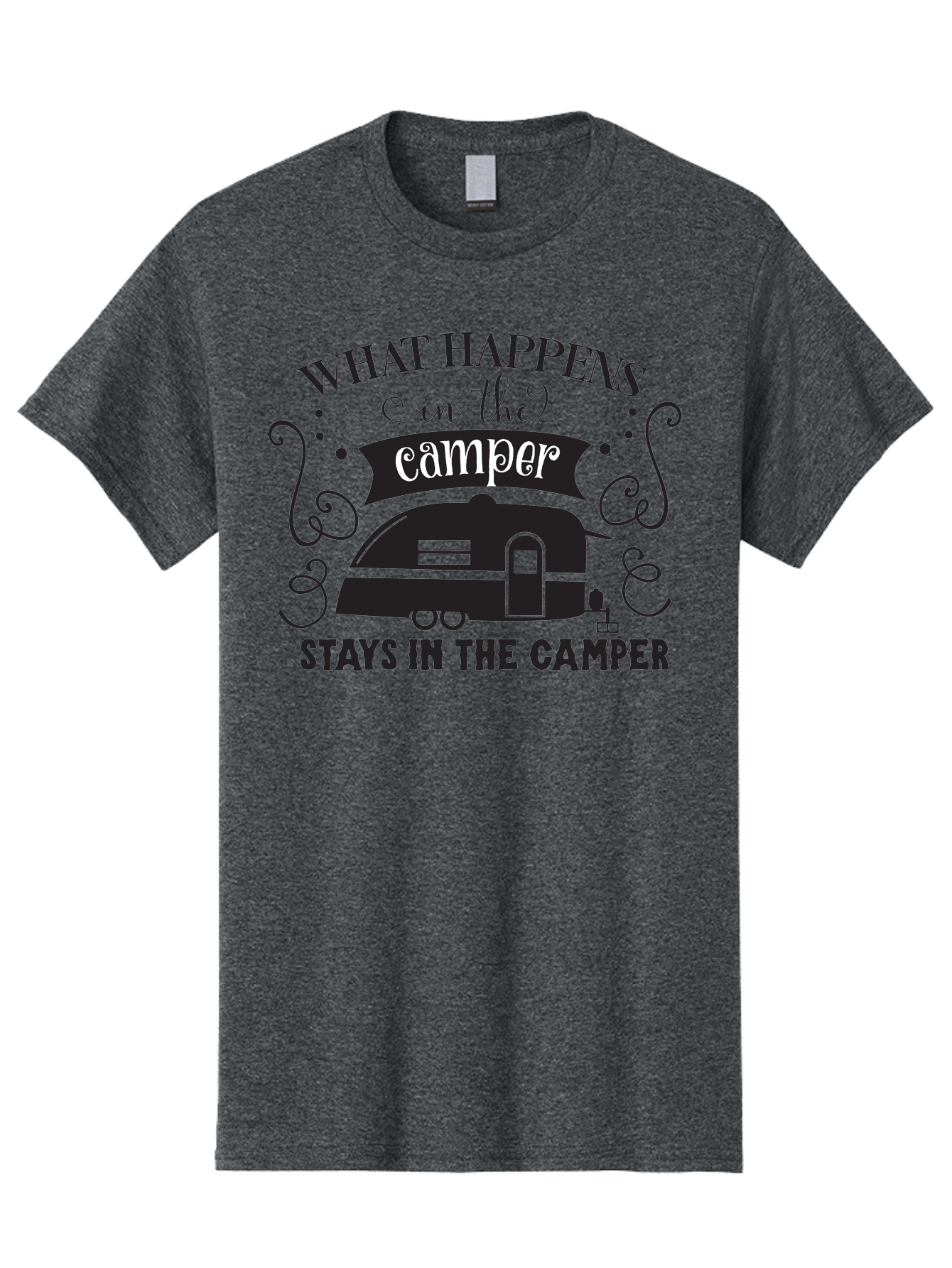 What-Happens-In-The-Camper Men'S Graphic Tee, 100% Cotton, Comfortable Casual Summer Wear, Machine Washable, Camper Trailer, Travel Trailer, Camping Humor, Funny Camping Quotes, Glamping, Outdoor Adventure, Camping Life, Rv Living, Aad299 1