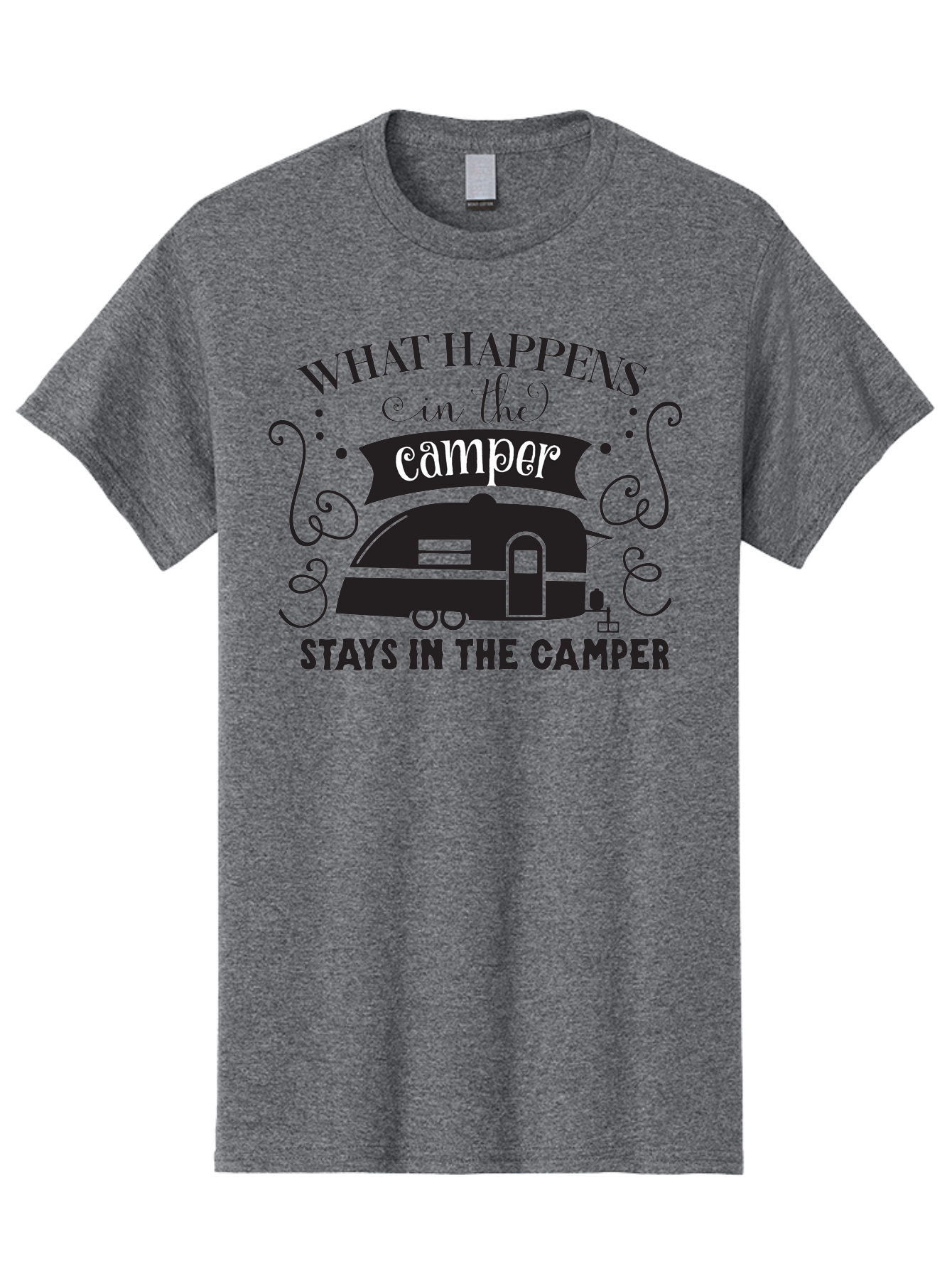 What-Happens-In-The-Camper Men'S Graphic Tee, 100% Cotton, Comfortable Casual Summer Wear, Machine Washable, Camper Trailer, Travel Trailer, Camping Humor, Funny Camping Quotes, Glamping, Outdoor Adventure, Camping Life, Rv Living, Aad299 21